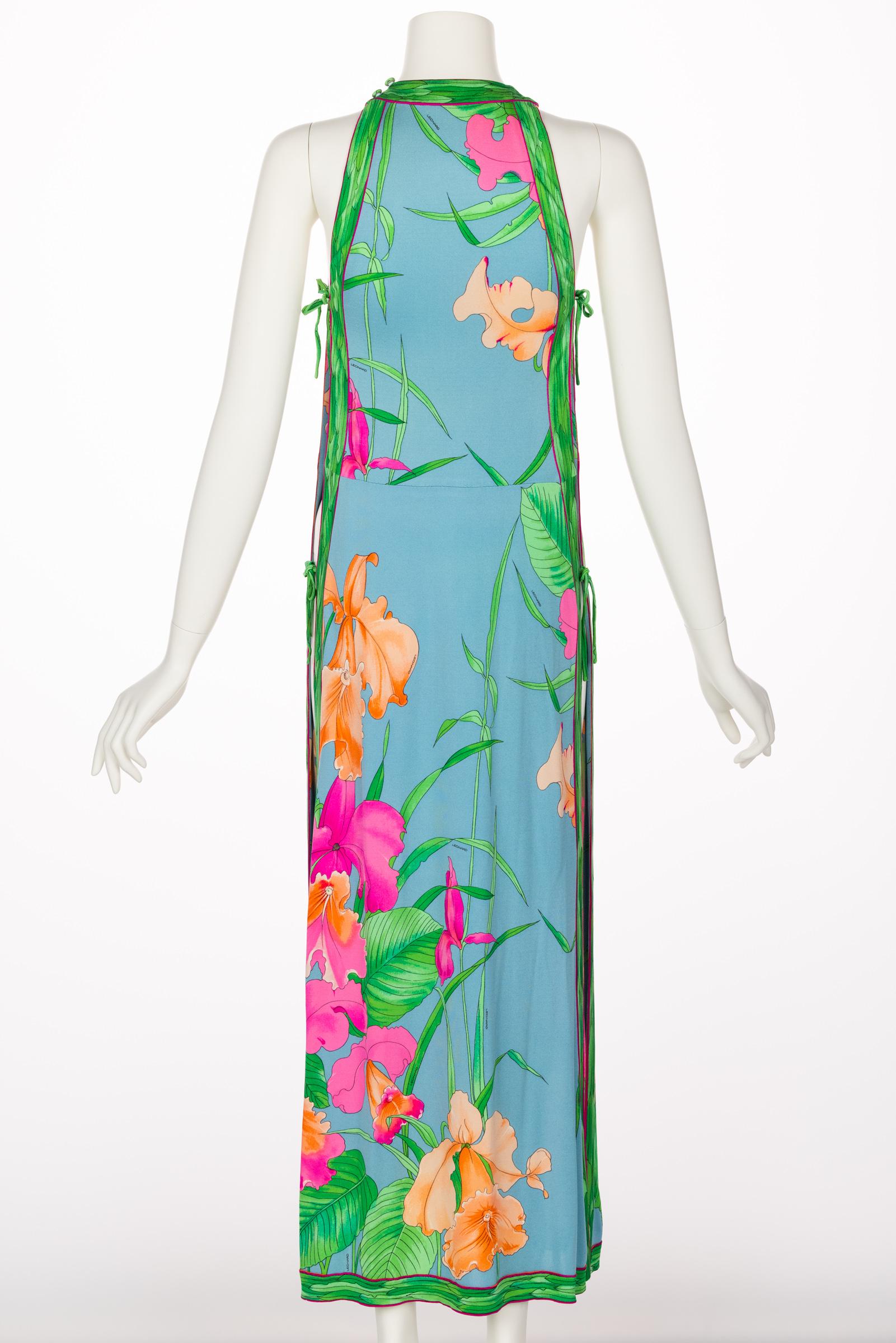  Vintage Leonard Paris Floral Print Open Side Silk Jersey Dress, 1970s In Excellent Condition In Boca Raton, FL
