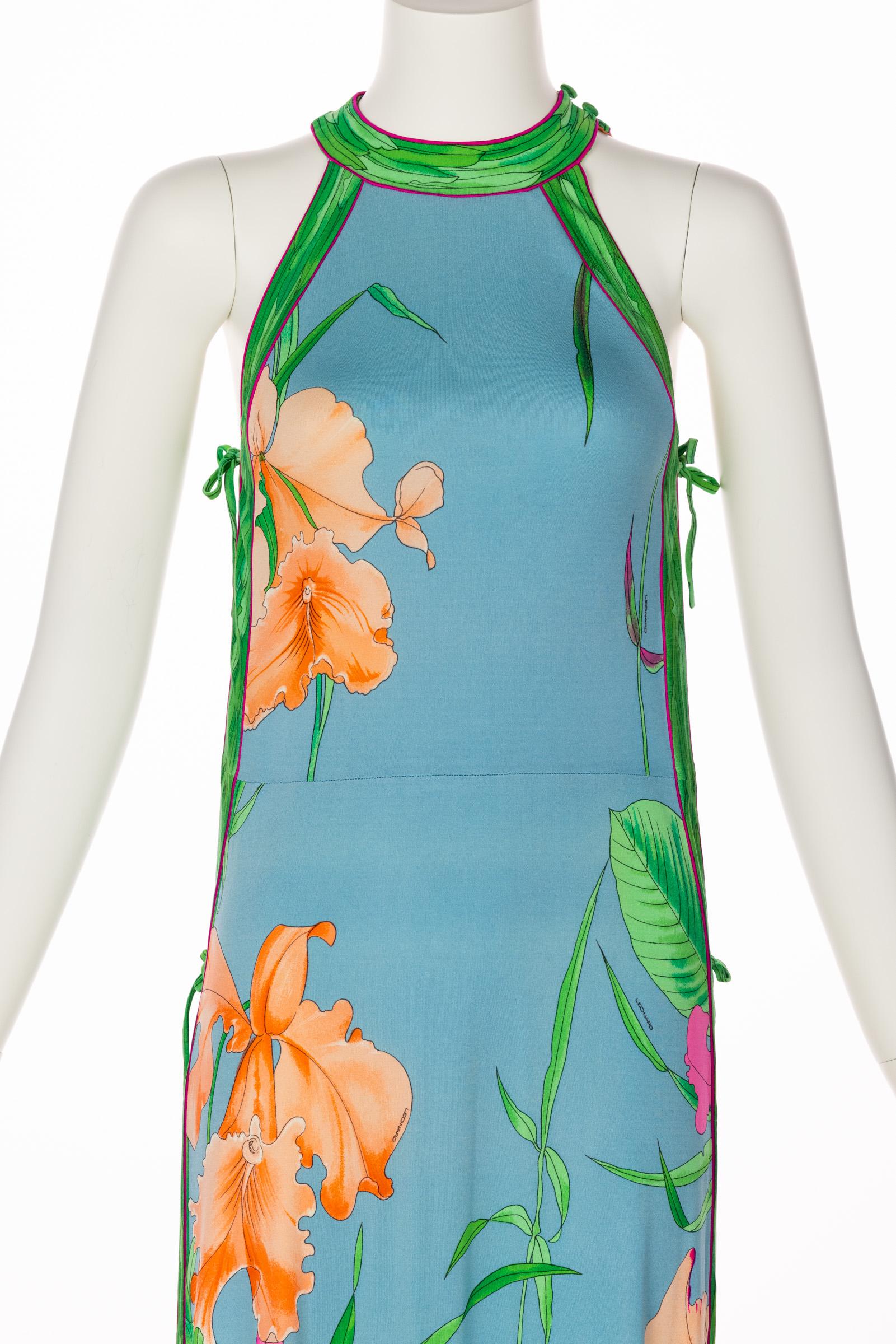  Vintage Leonard Paris Floral Print Open Side Silk Jersey Dress, 1970s 2