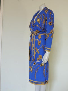 Vintage Leonard Paris Jewelry Motif Silk Jersey Mikado Belted Wrap Dress