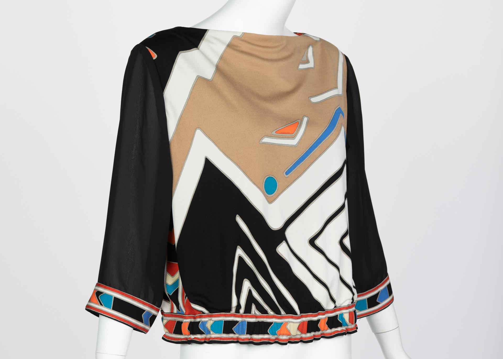 Vintage Leonard Paris Multicolored Geometric Printed Silk Jersey Blouse TOP In Excellent Condition In Boca Raton, FL