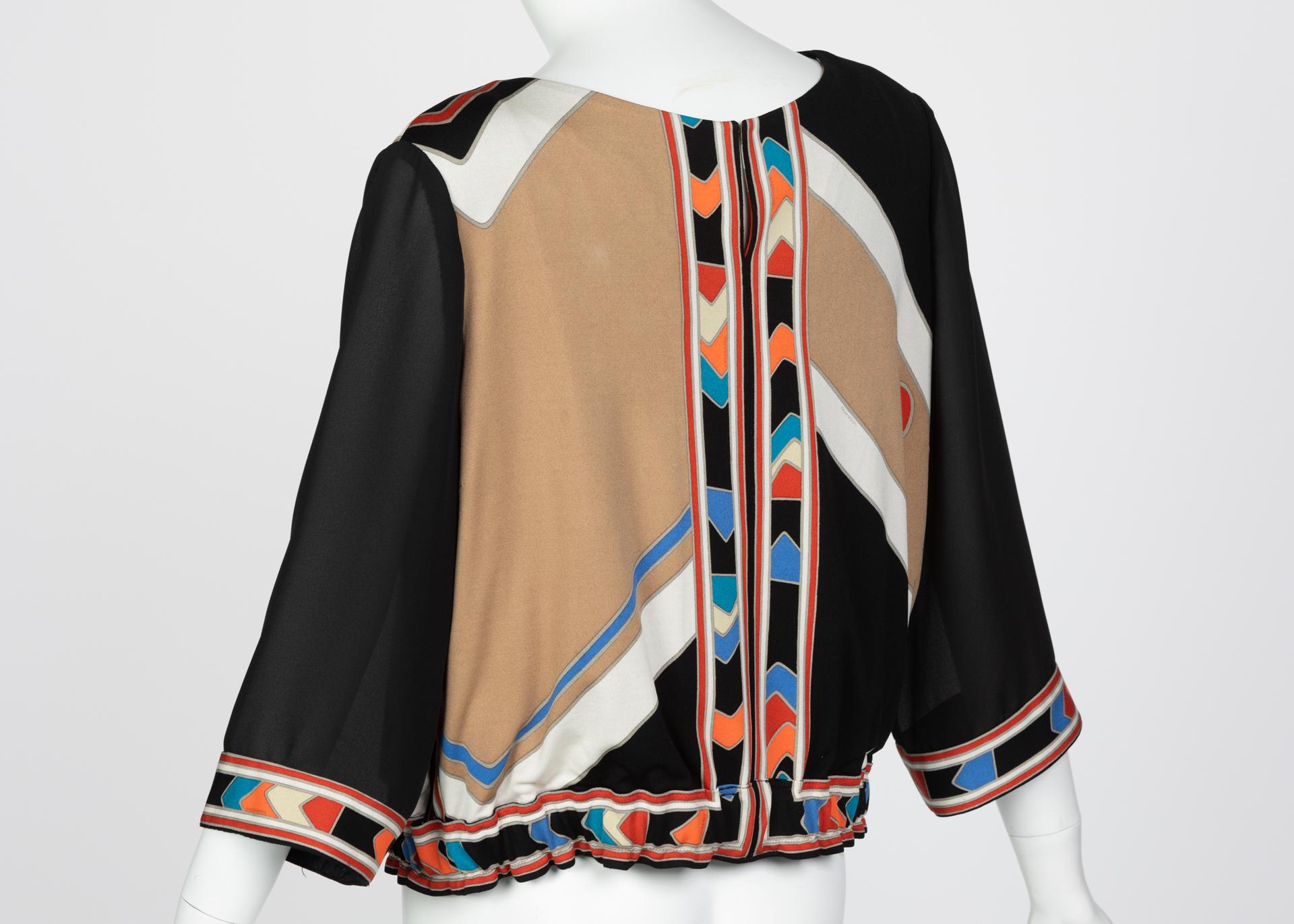 Women's Vintage Leonard Paris Multicolored Geometric Printed Silk Jersey Blouse TOP