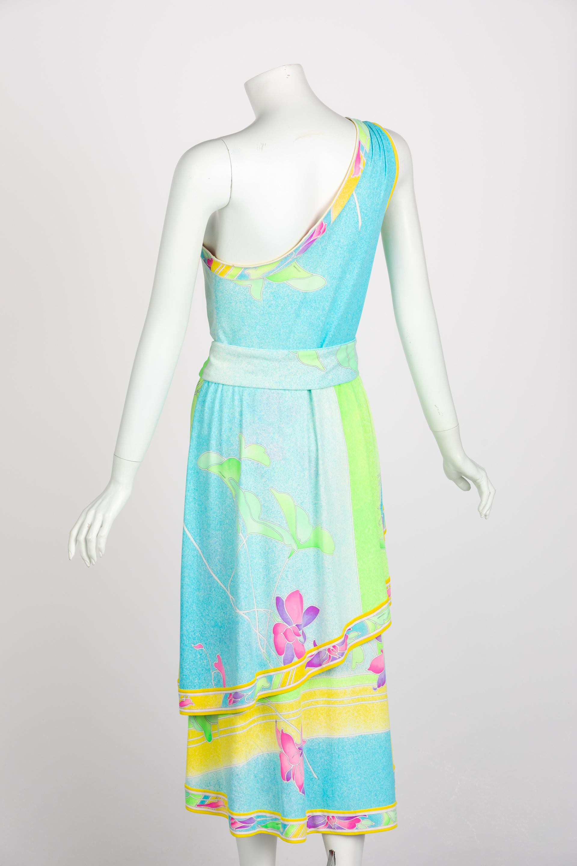 Vintage Léonard Paris One Shoulder Belted Jersey Dress In Good Condition In Boca Raton, FL