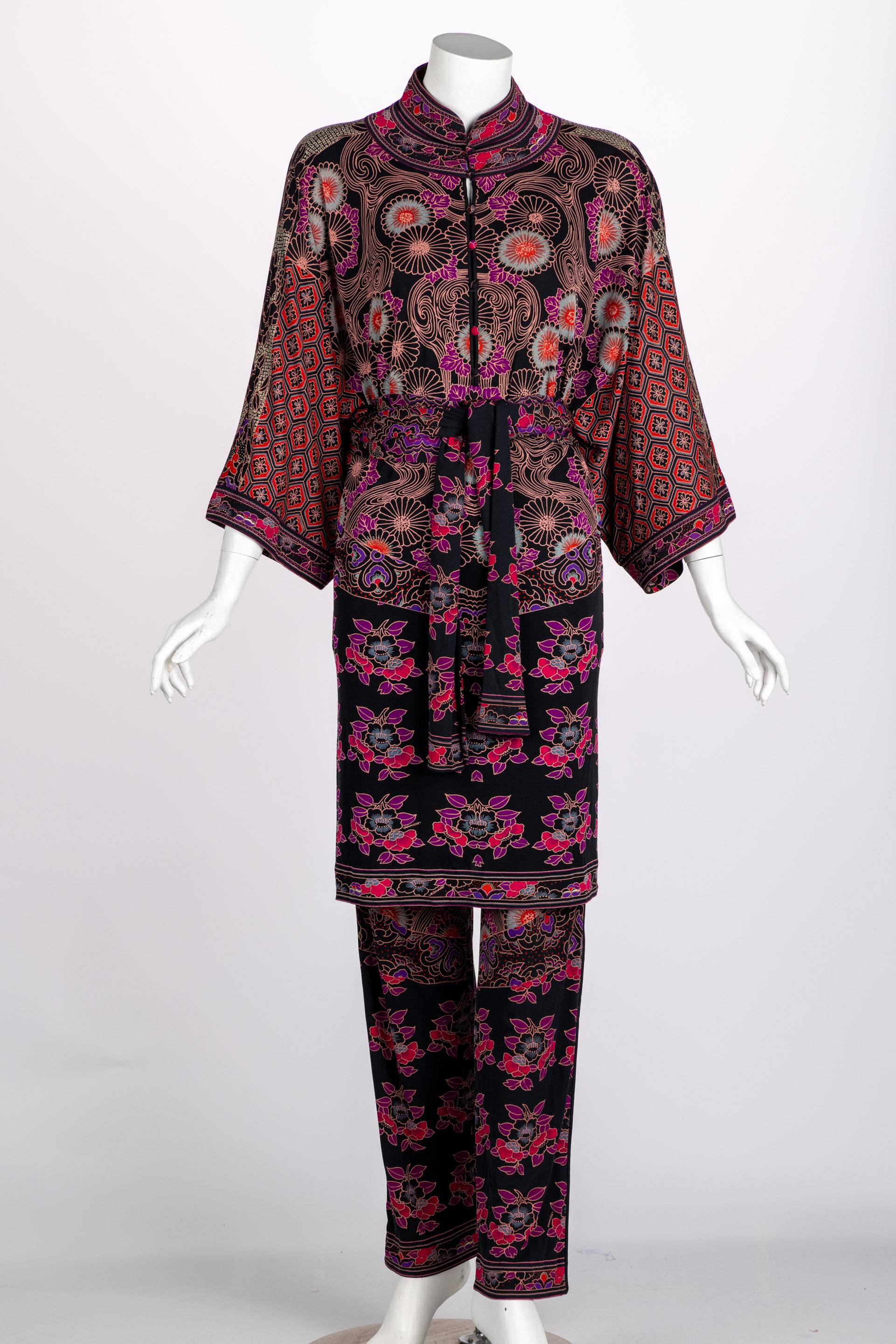 Synonymous with luxury and innovation, Leonard Paris is collected for its unique prints, like the one found on this dazzling three-piece set from the 1970’s. The kaleidoscopic print has an oriental feel, incorporating flowers such as camellias and