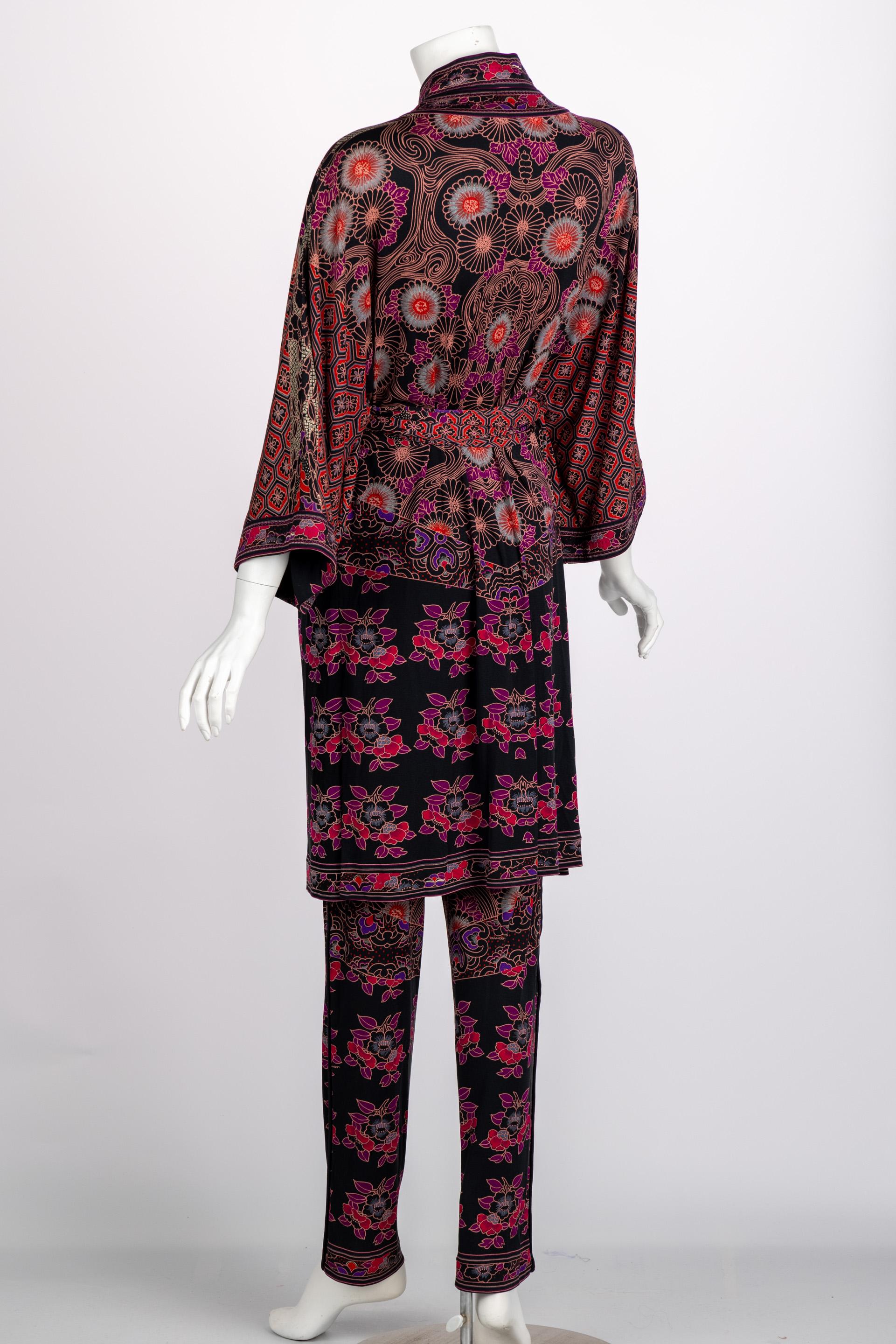 Black  Vintage Leonard Paris Printed Silk  Mini Dress / Tunic & Pants Set 1970s