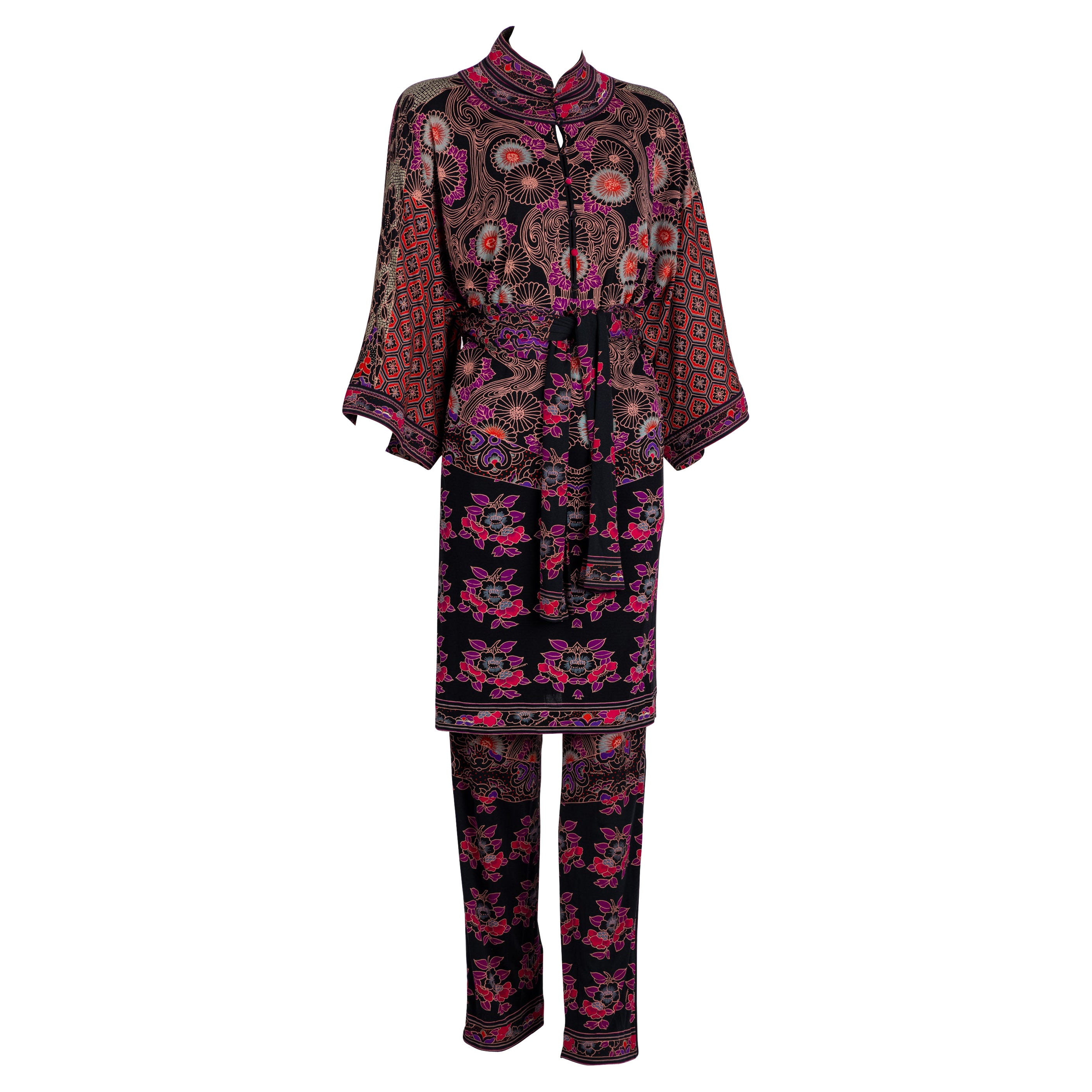  Soie imprimée vintage Leonard of Paris  Ensemble mini robe / tunique et pantalon 1970 en vente