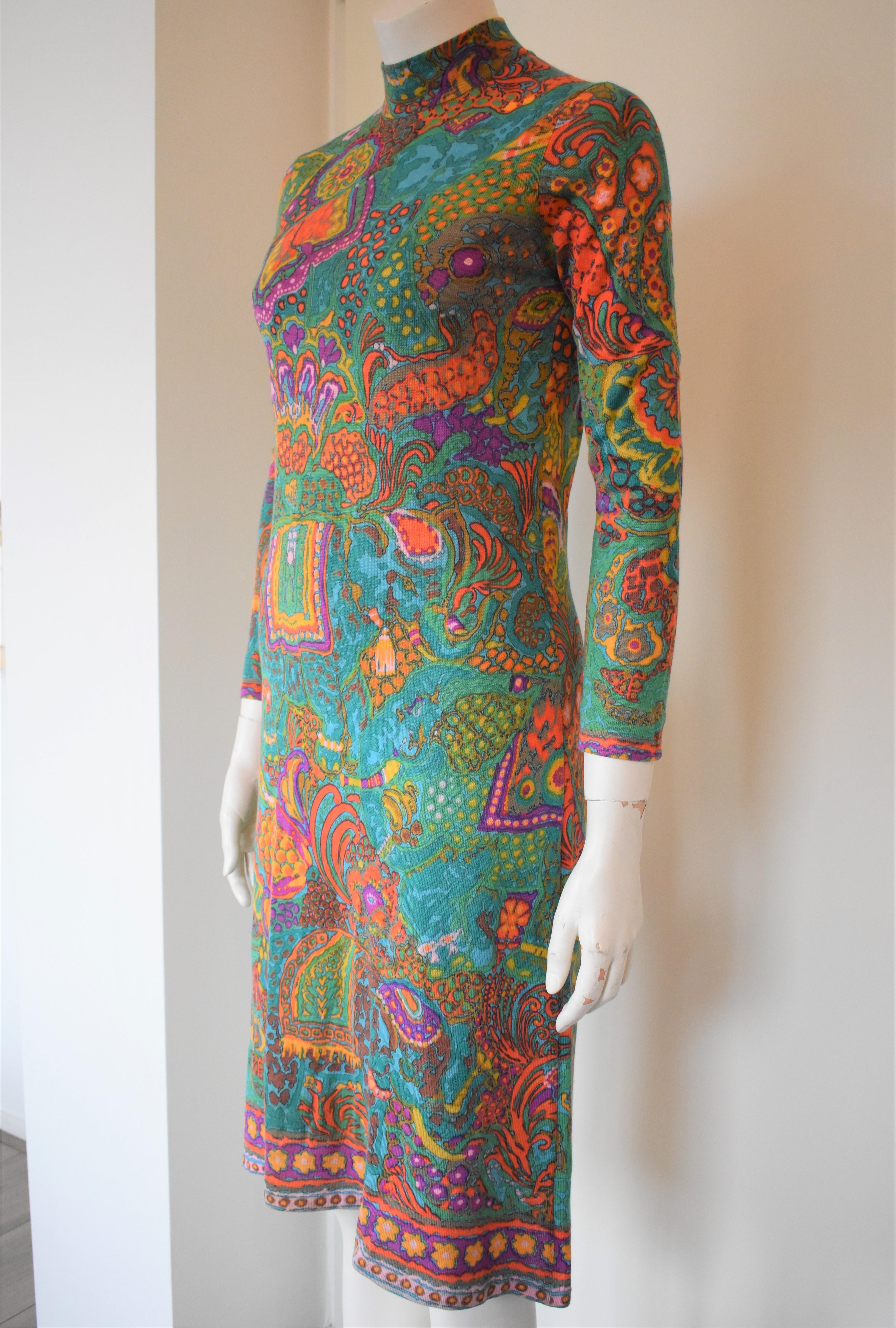 Gray Vintage Leonard Paris Silk Jersey Colorful Print Dress