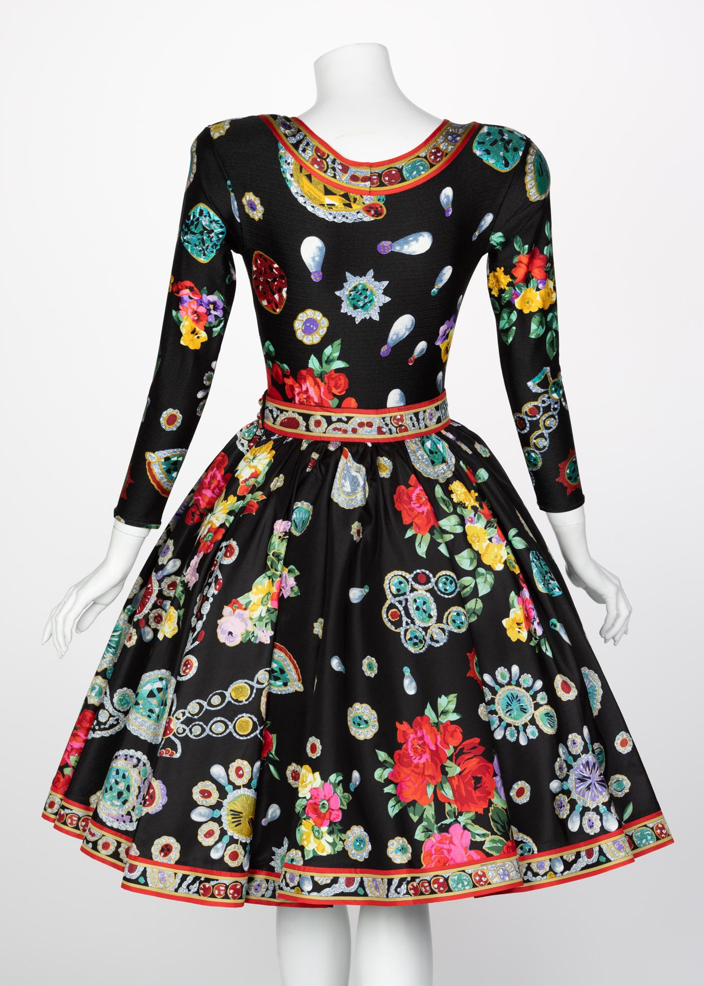 Black Vintage Leonard Paris Vibrant Jewel Print Silk Dress Ensemble 