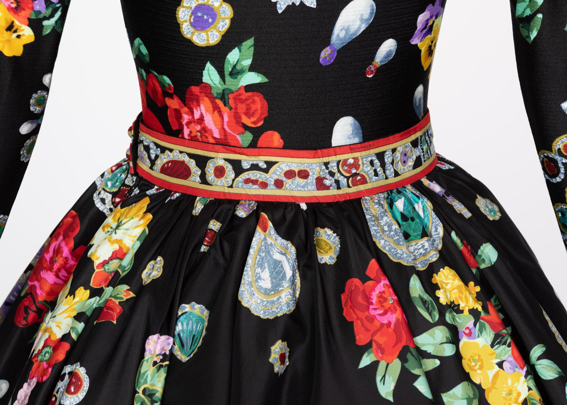 Vintage Leonard Paris Vibrant Jewel Print Silk Dress Ensemble  1