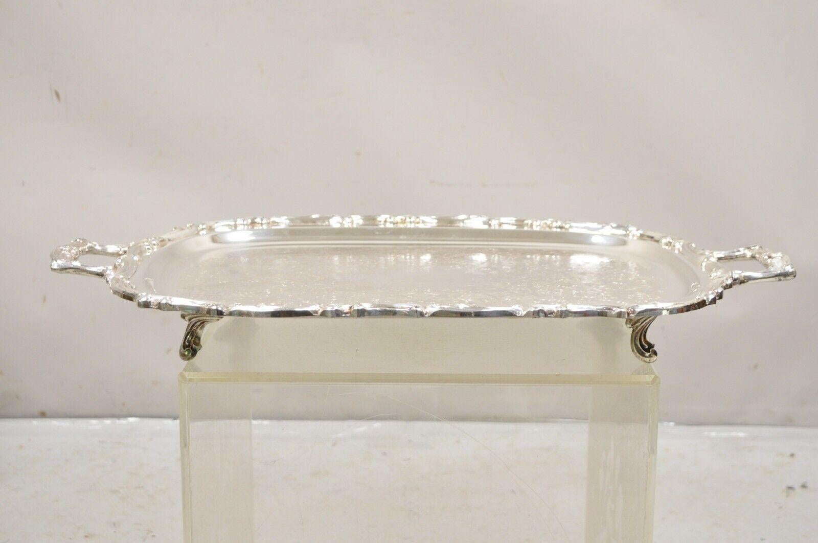 Vintage Leonard Regency Style Silver Plated Ornate Serving Platter Tray. Circa Mid 20th Century. Measurements:  2.5