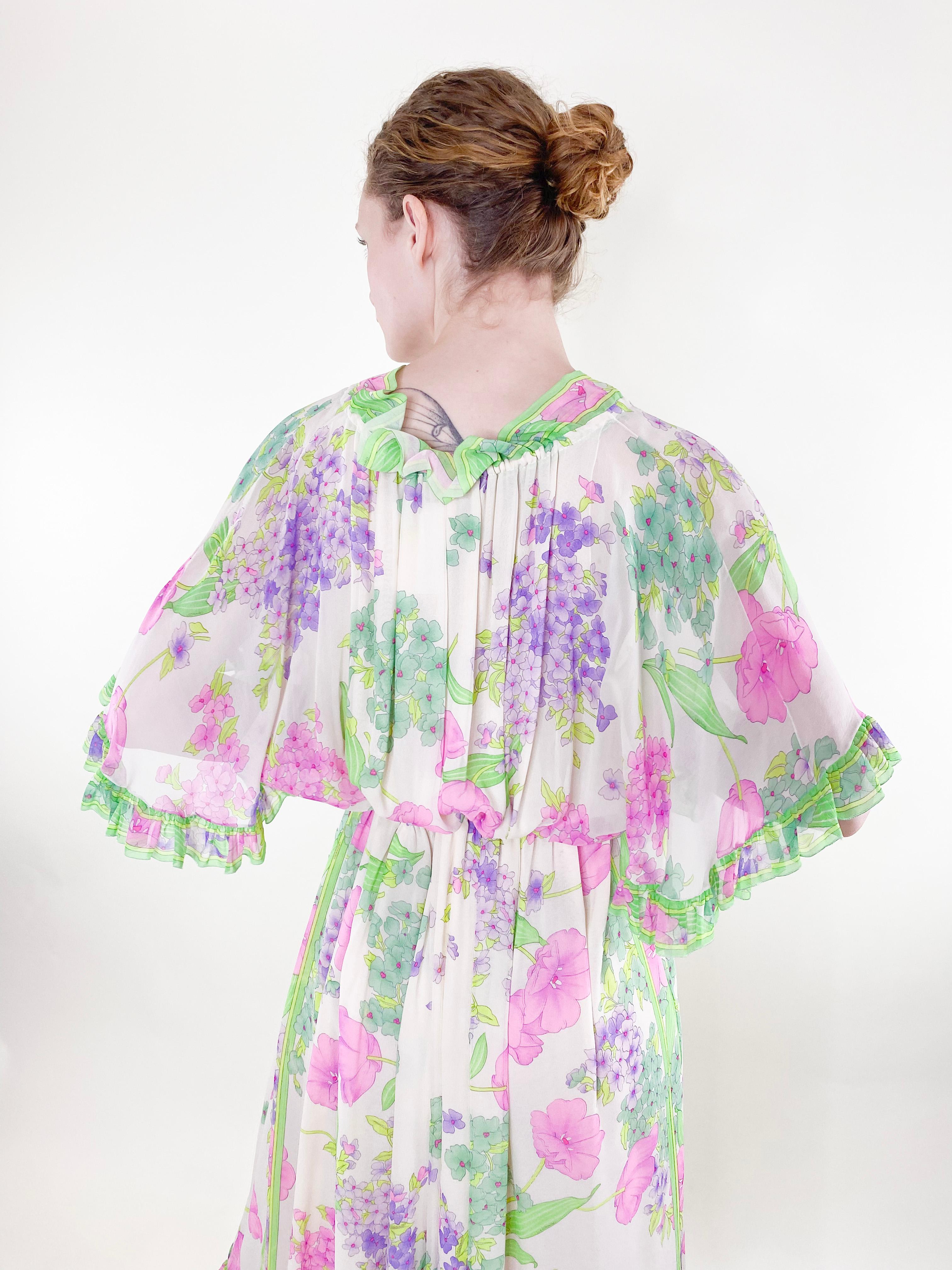 Gray Vintage Leonard Silk Chiffon Ruffled Floral Dress