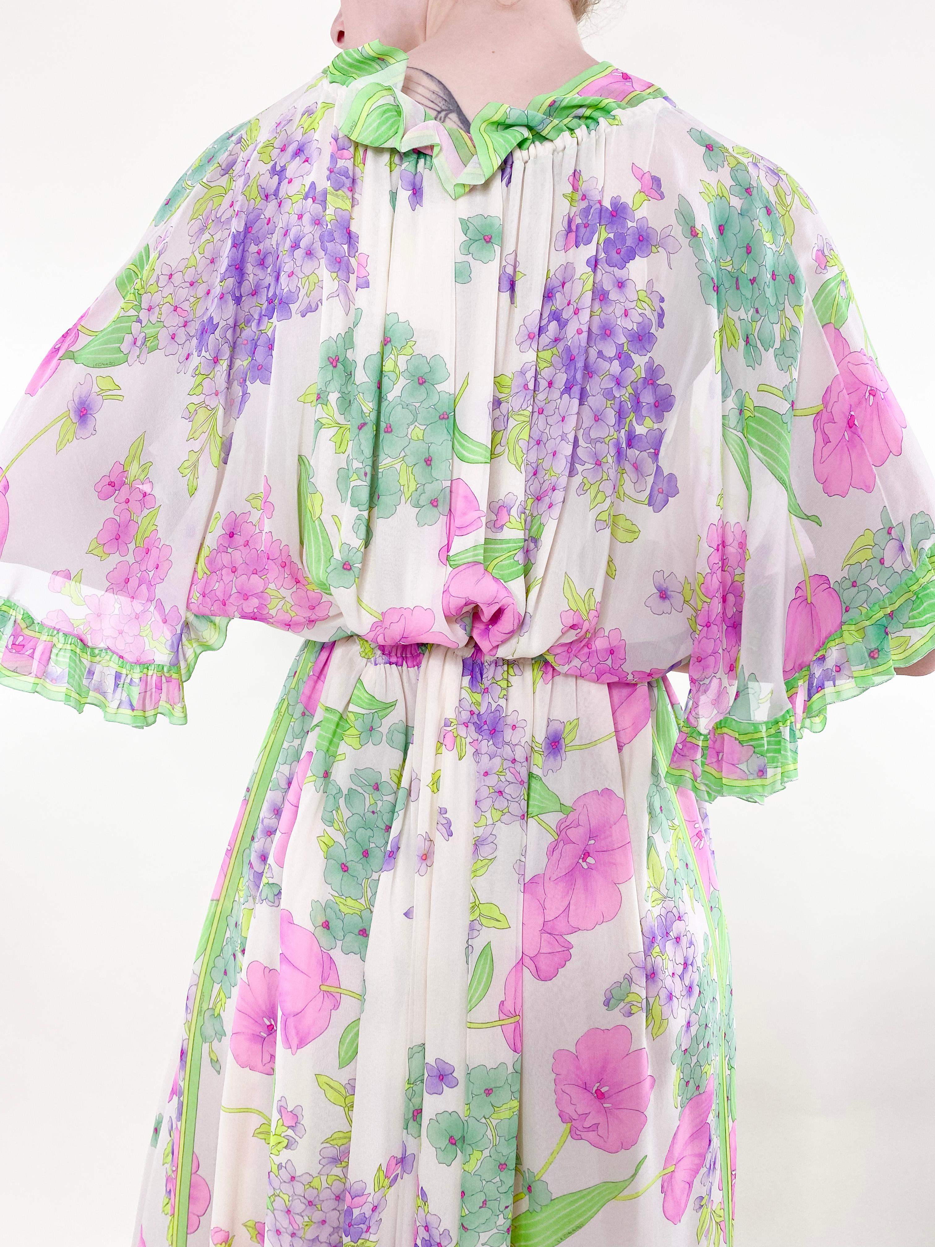 Vintage Leonard Silk Chiffon Ruffled Floral Dress In Good Condition In Los Angeles, CA