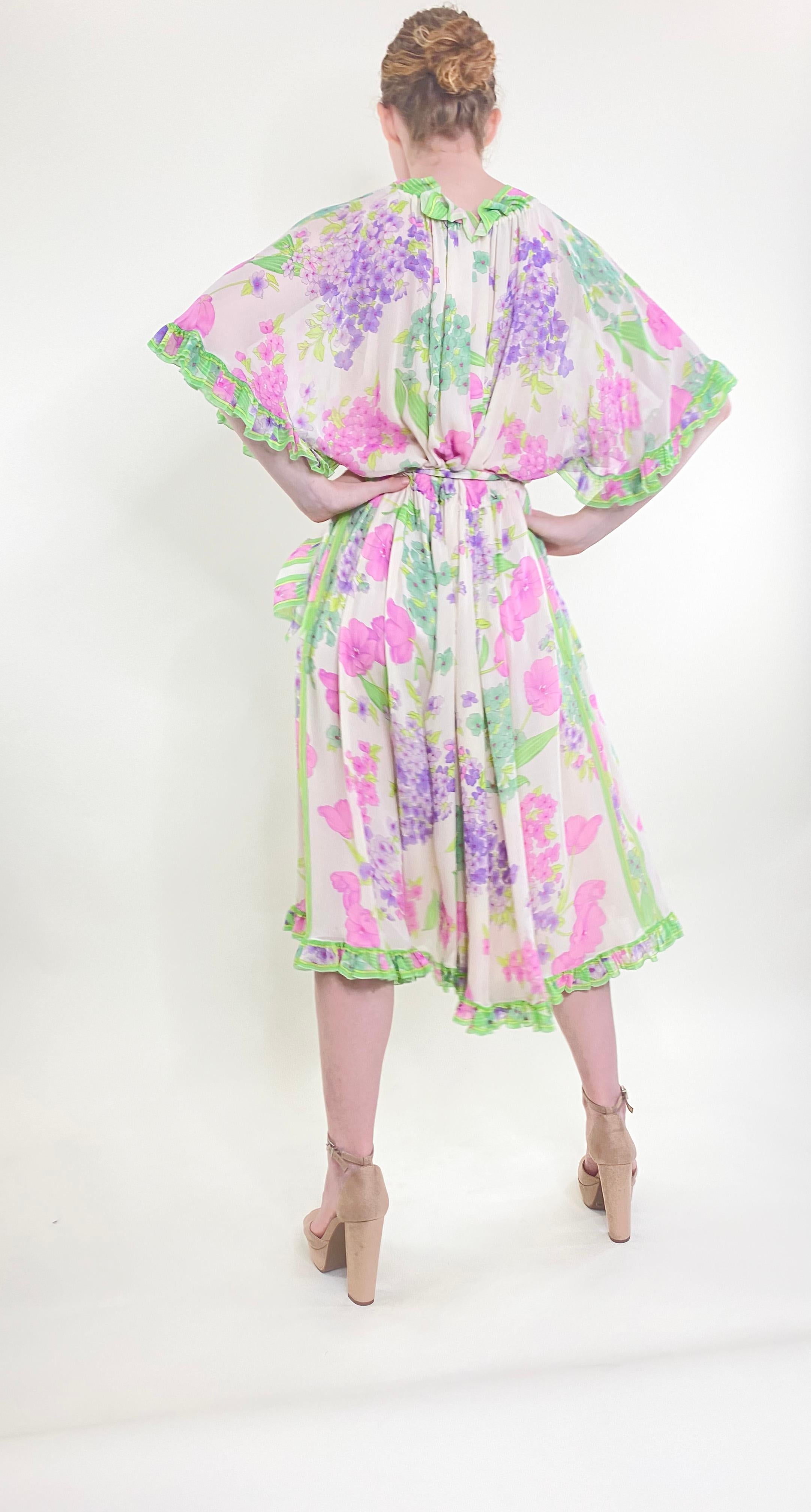 Women's Vintage Leonard Silk Chiffon Ruffled Floral Dress