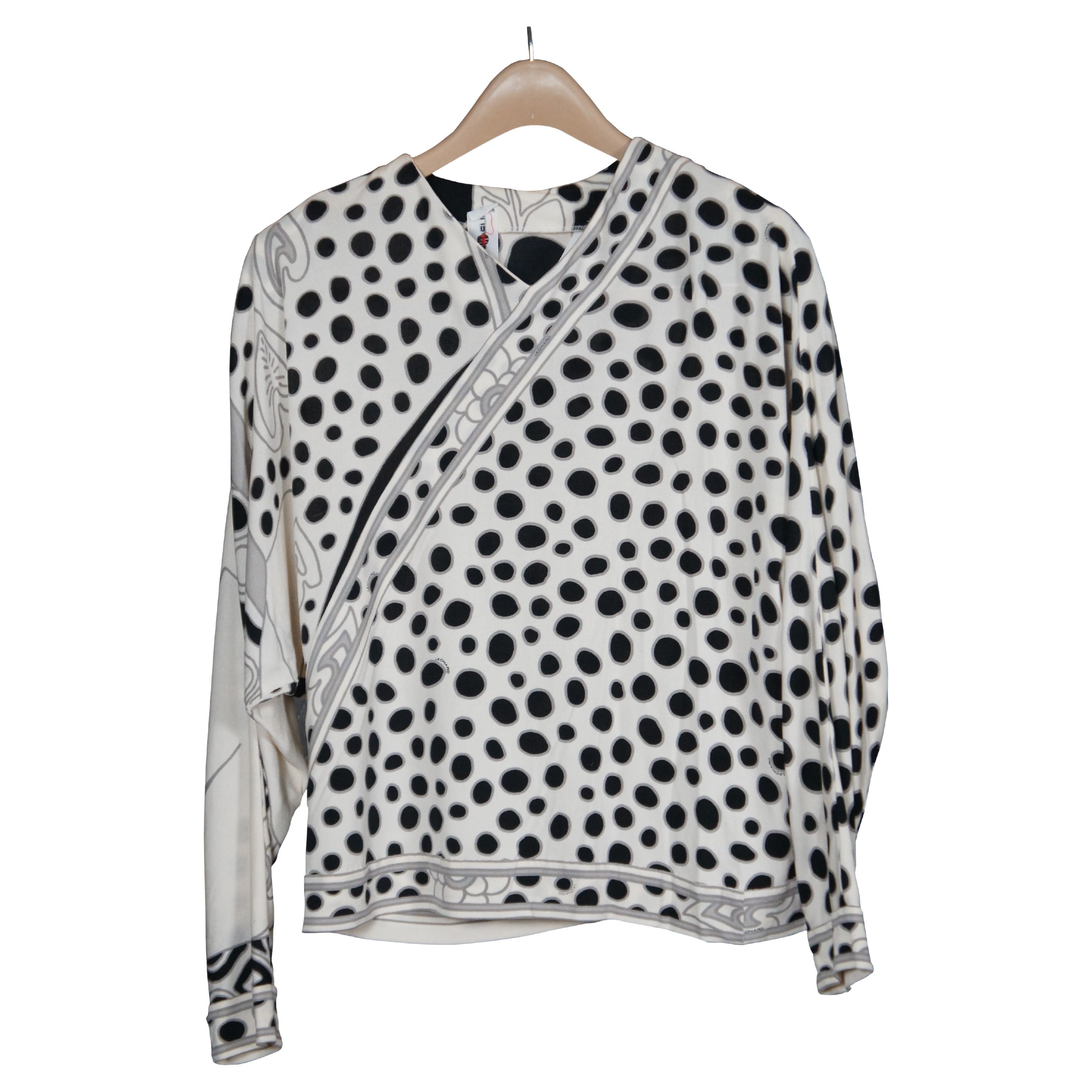 Vintage Leonard Studio Paris France Cross Zip Black & White Spotted Blouse For Sale