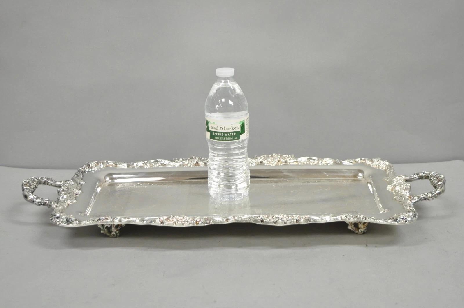 Vintage Leonard Victorian Ornate Silver Plated Narrow Trinket Dish Bar Tray Raised on Feet. Circa Mid 20th Century. Measurements: 2.5