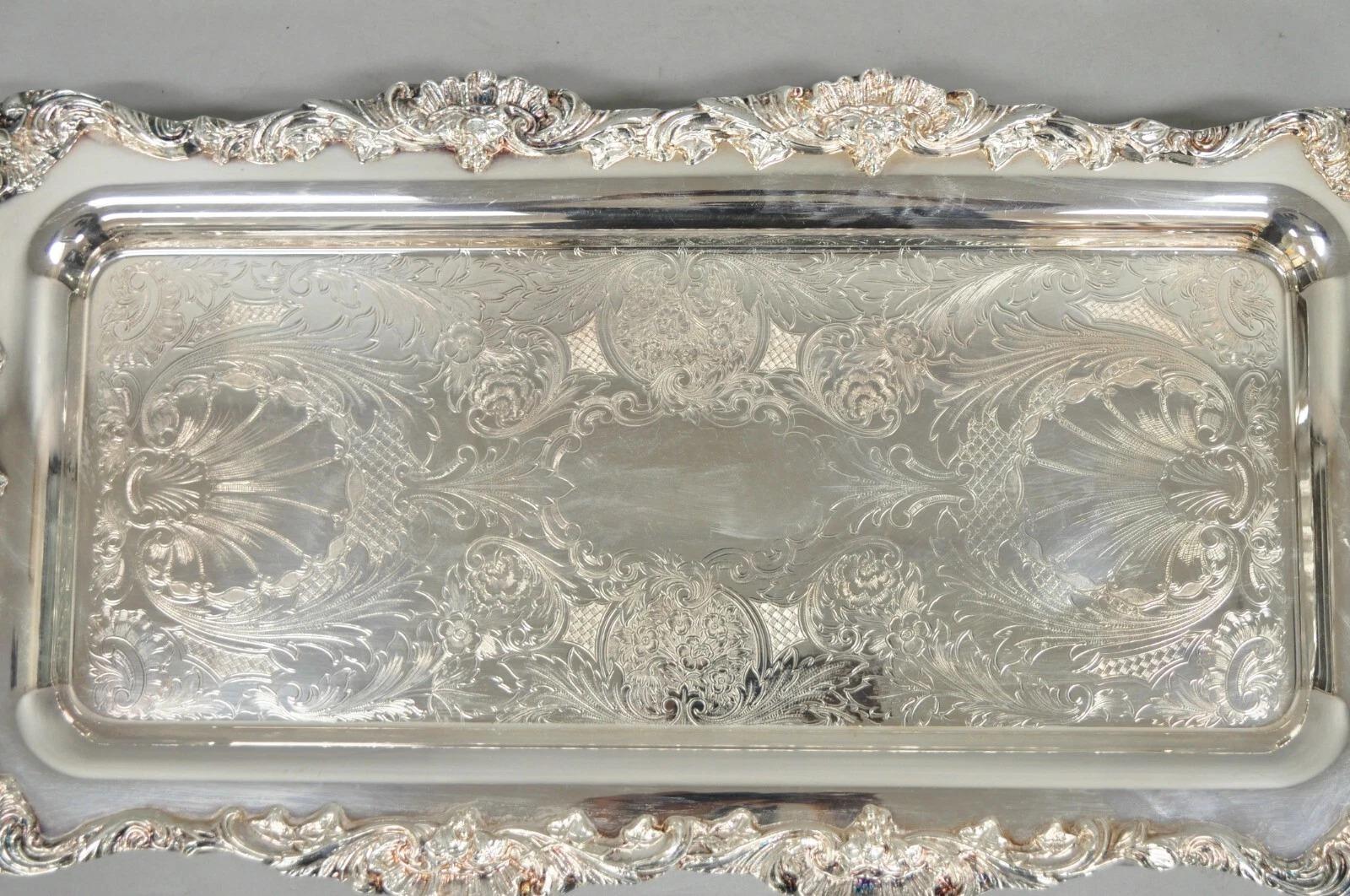 Vintage Leonard Victorian Ornate Silver Plated Narrow Trinket Dish Bar Tray In Good Condition For Sale In Philadelphia, PA