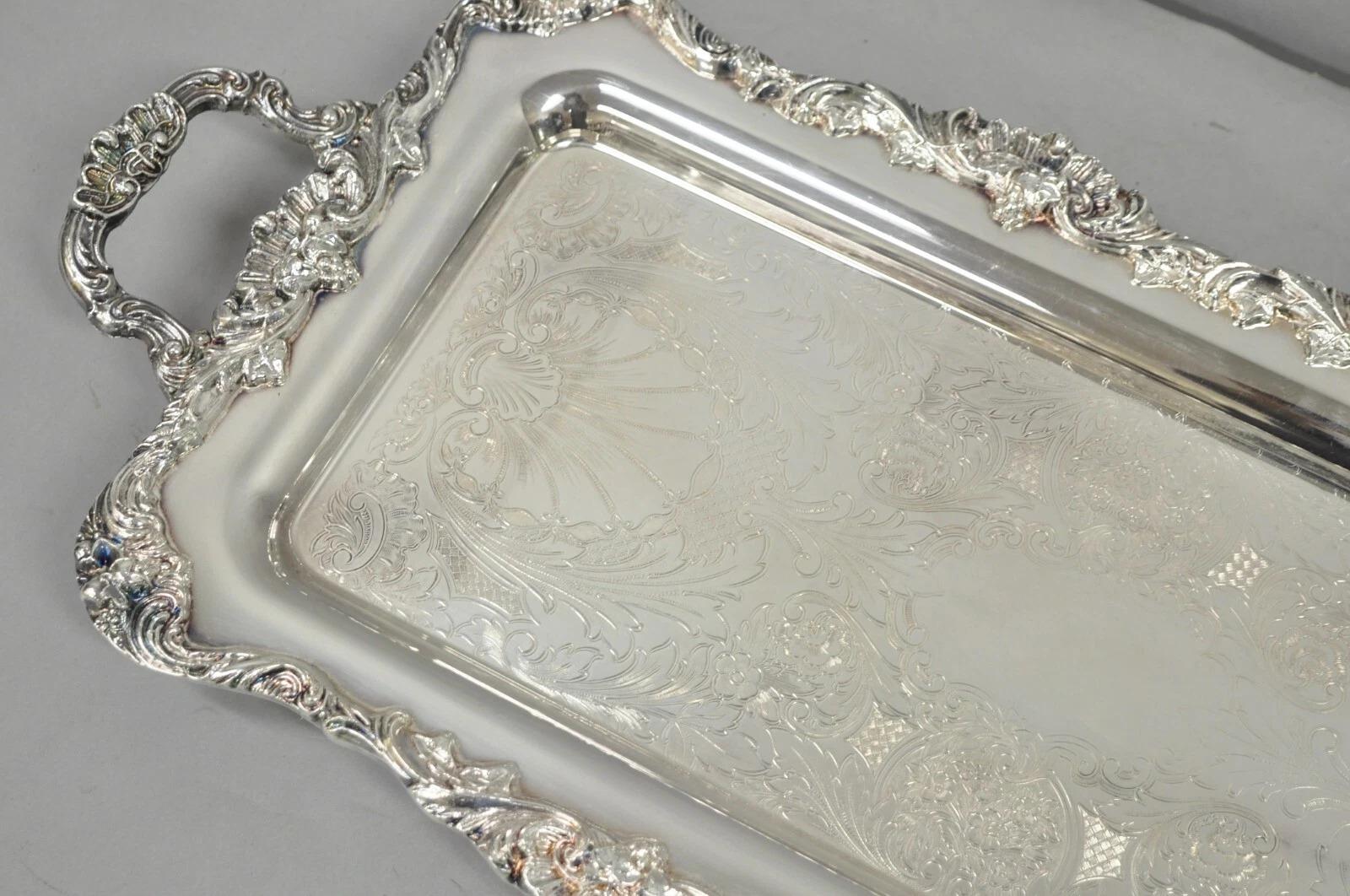 Vintage Leonard Victorian Ornate Silver Plated Narrow Trinket Dish Bar Tray For Sale 1