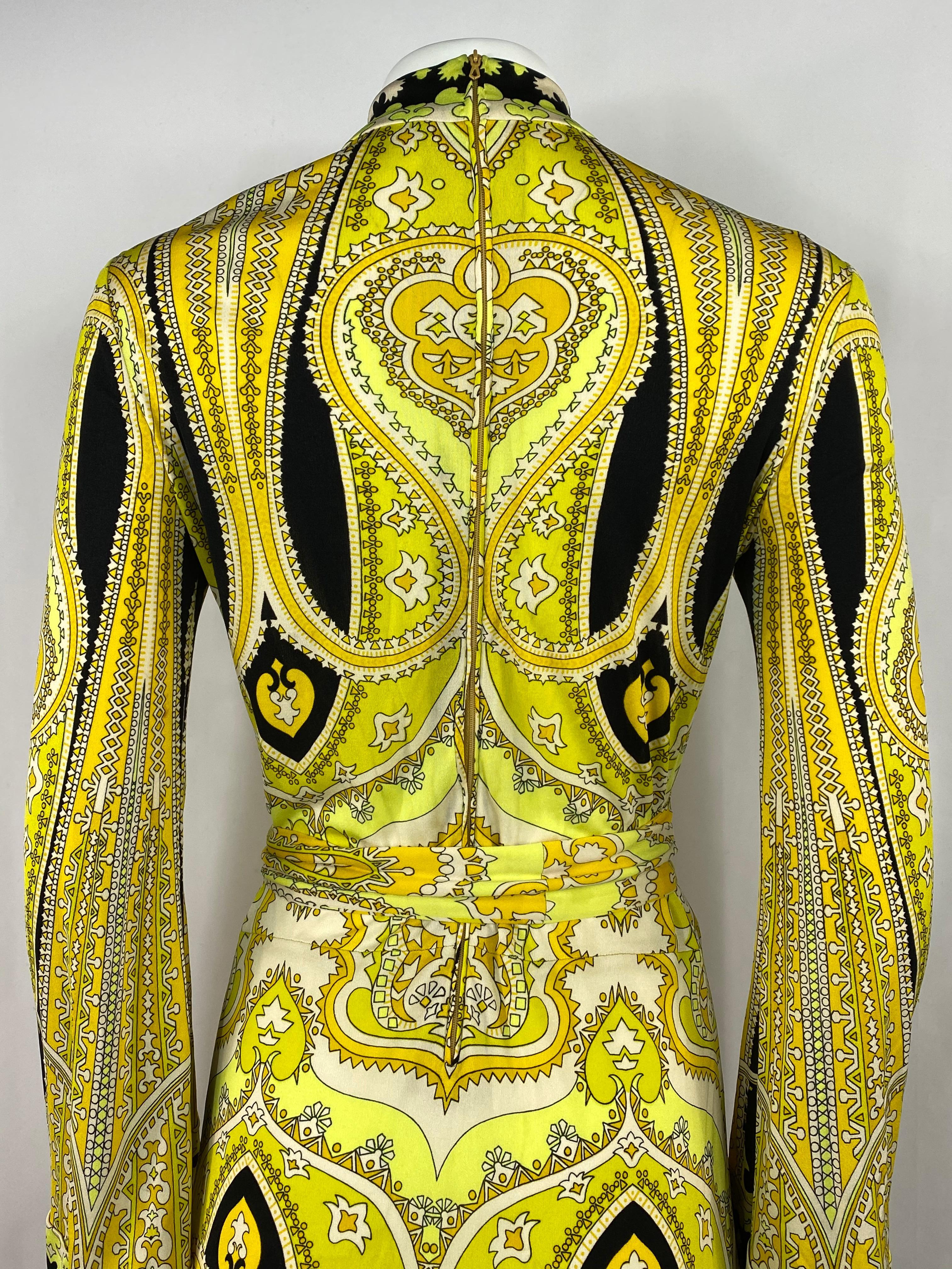 Vintage LEONARD Yellow and Black Print Turtleneck Maxi Dress w/ Belt Size 3  4