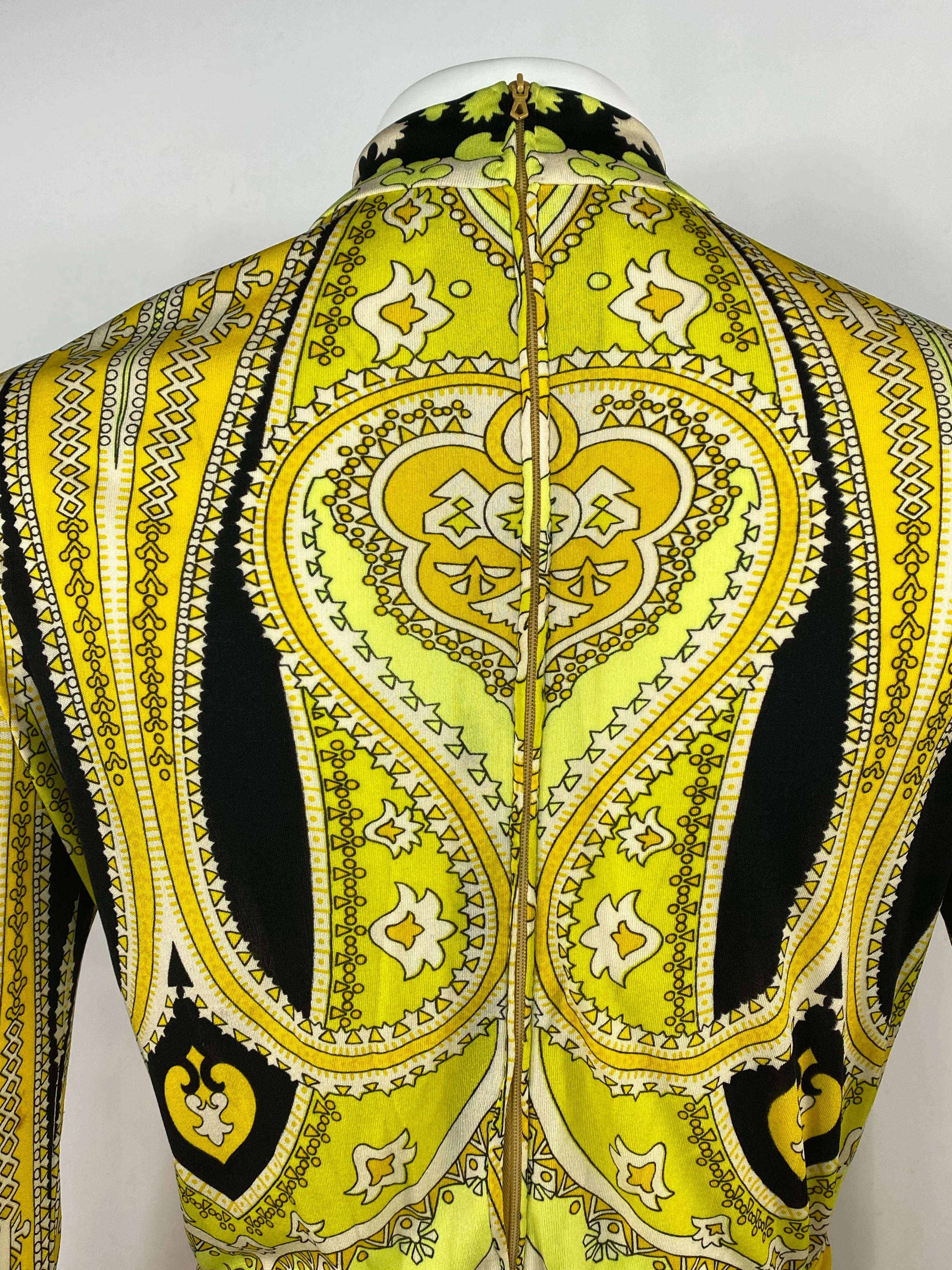 Vintage LEONARD Yellow and Black Print Turtleneck Maxi Dress w/ Belt Size 3  5