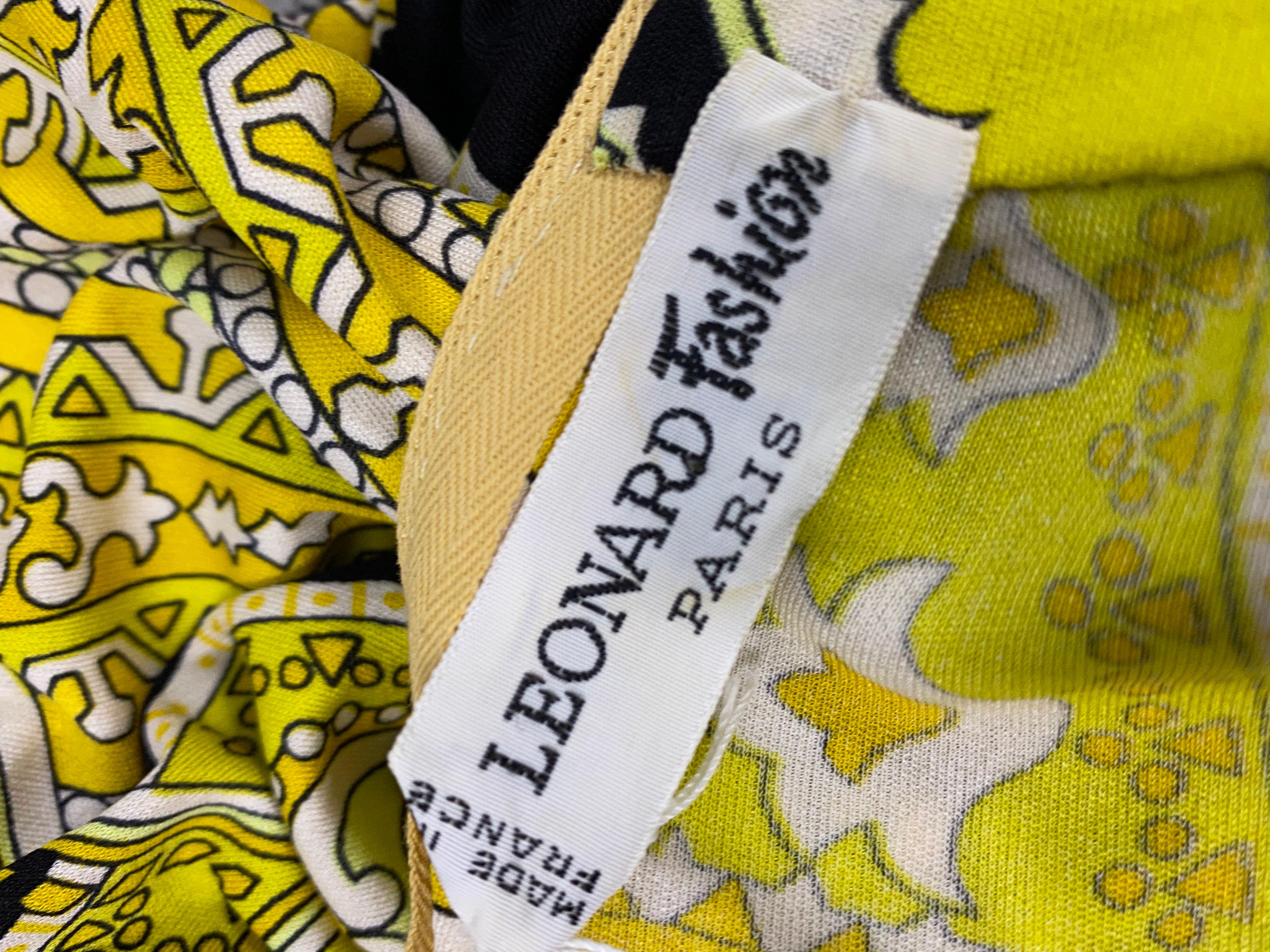 Vintage LEONARD Yellow and Black Print Turtleneck Maxi Dress w/ Belt Size 3  6