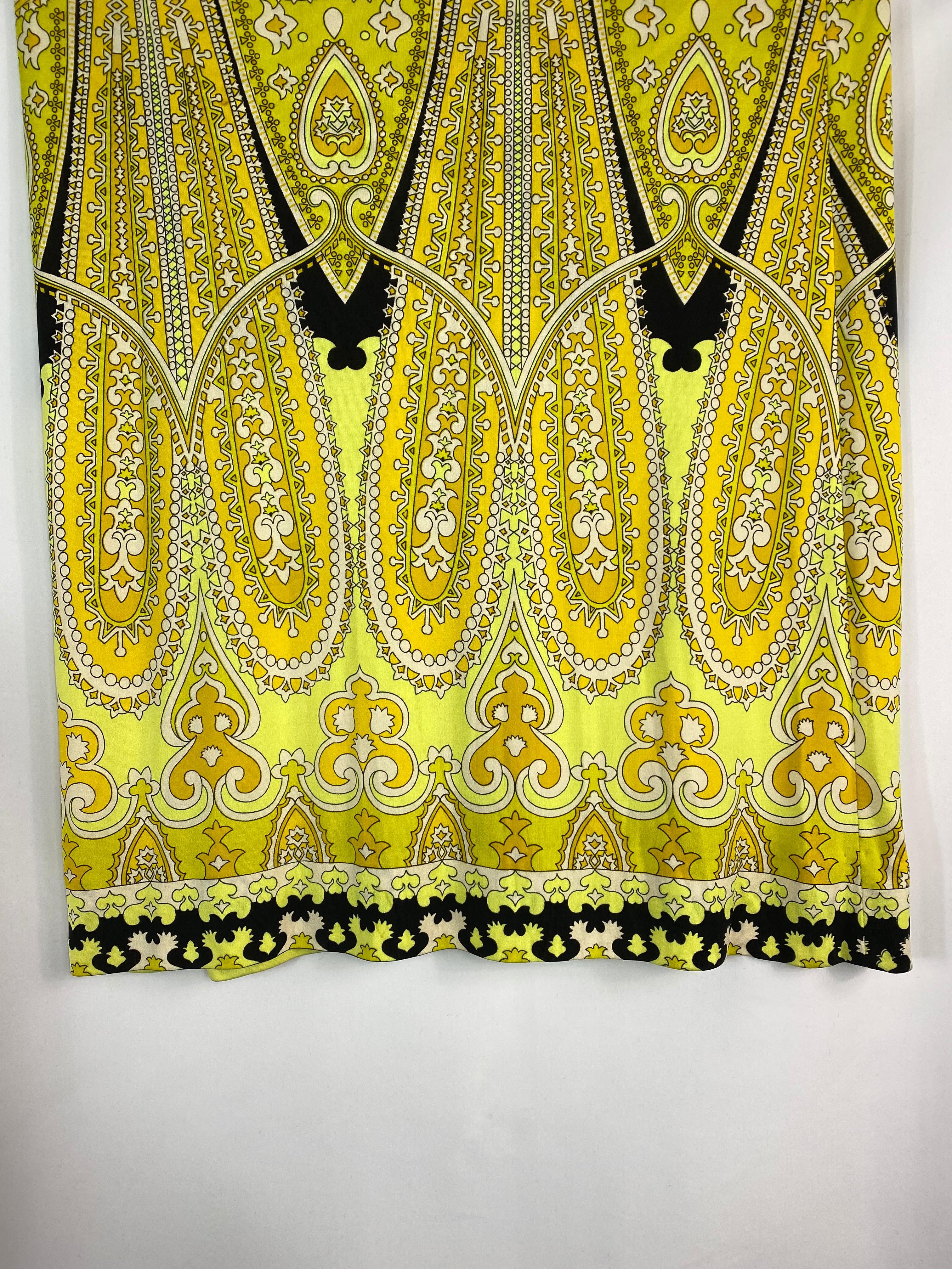 Vintage LEONARD Yellow and Black Print Turtleneck Maxi Dress w/ Belt Size 3  7