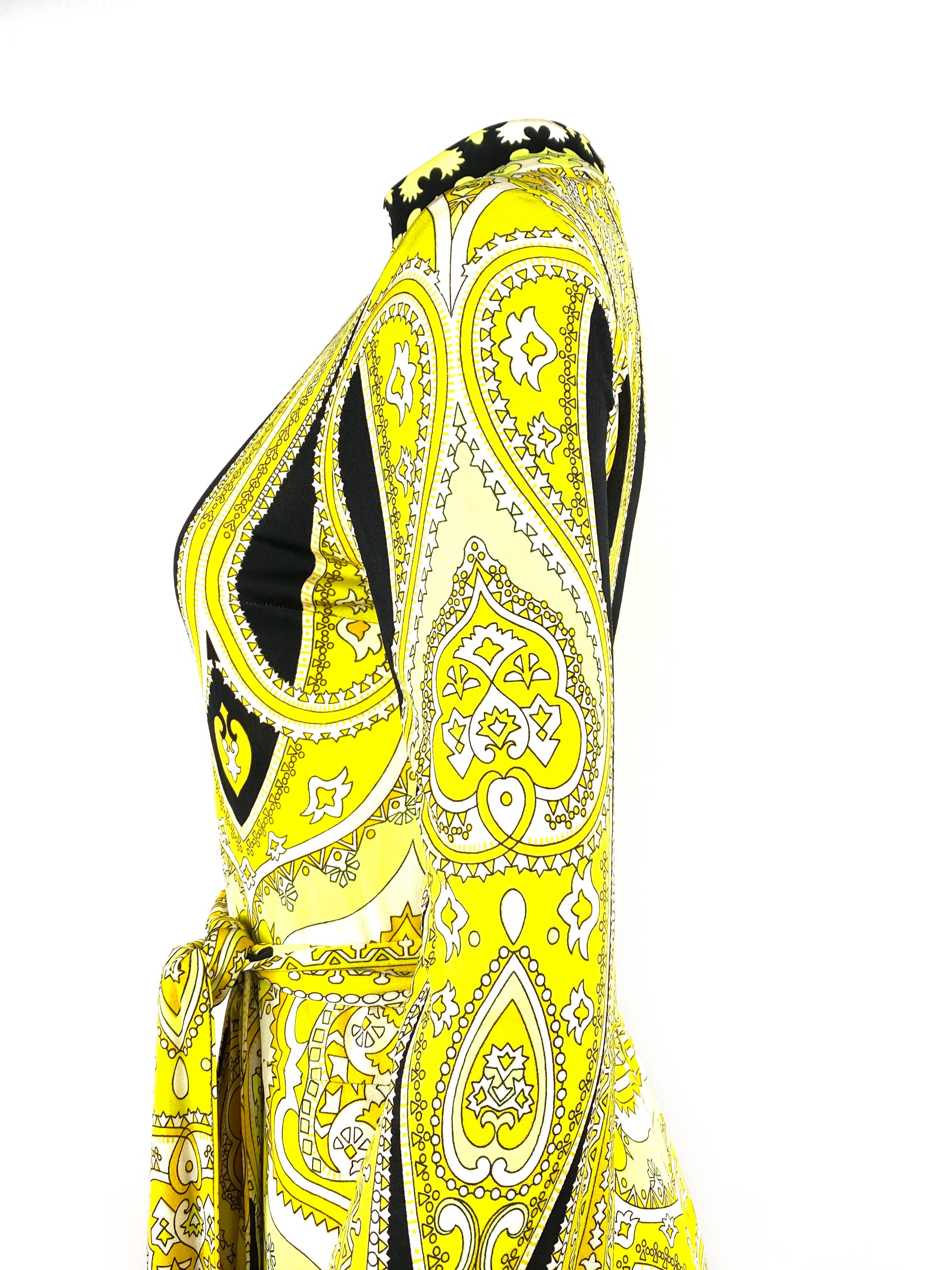 Women's Vintage LEONARD Yellow and Black Print Turtleneck Maxi Dress w/ Belt Size 3 