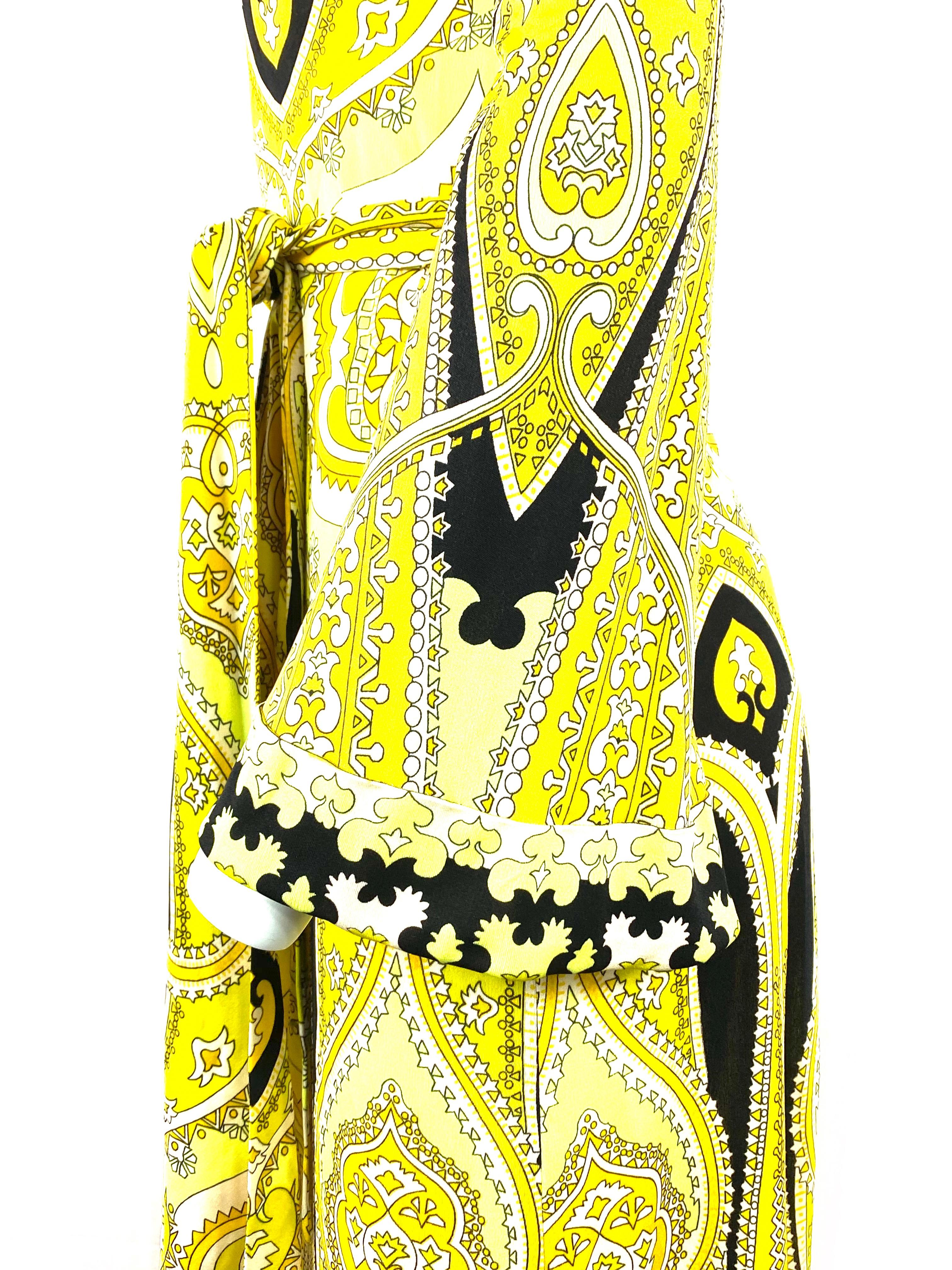 Vintage LEONARD Yellow and Black Print Turtleneck Maxi Dress w/ Belt Size 3  1