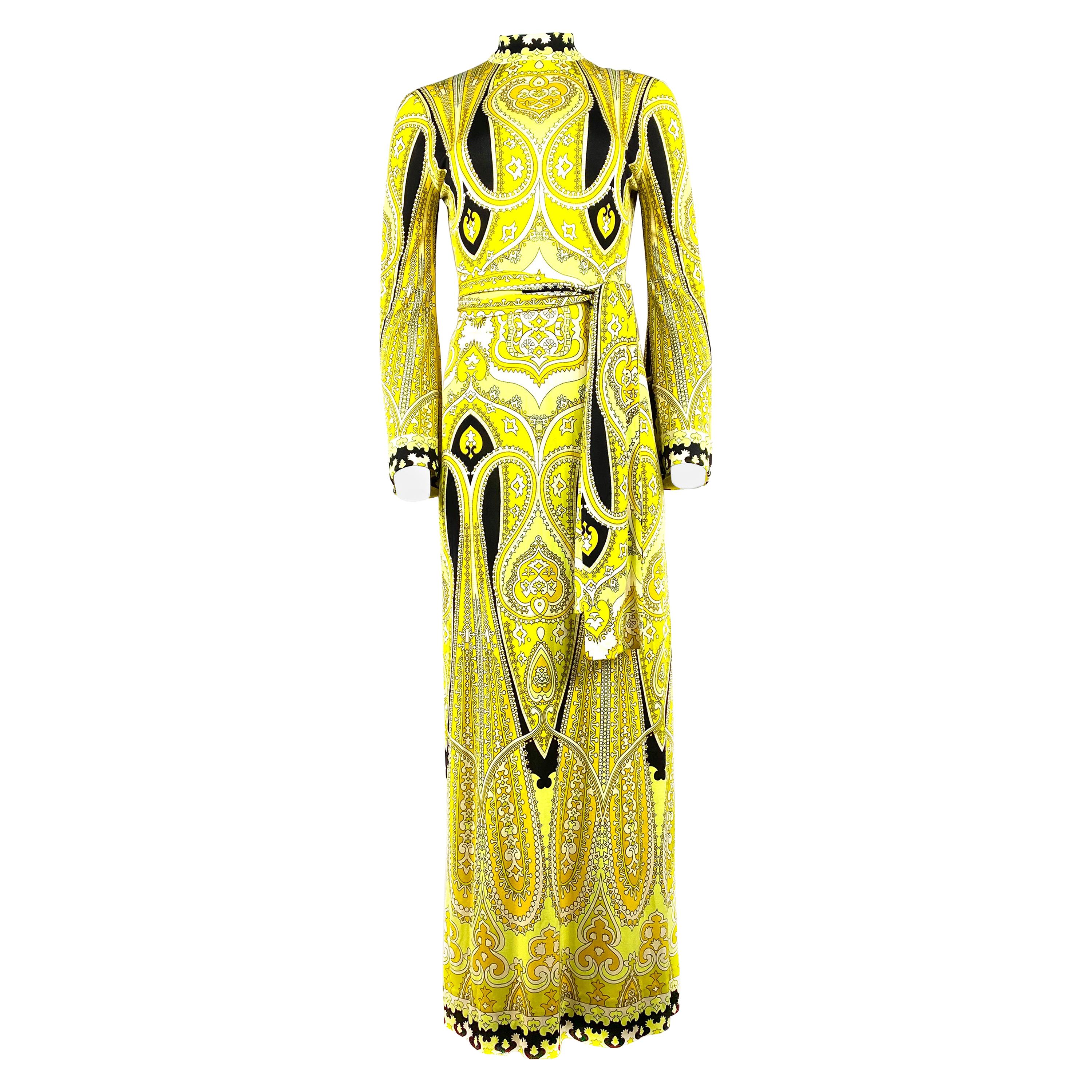 Vintage LEONARD Yellow and Black Print Turtleneck Maxi Dress w/ Belt Size 3 