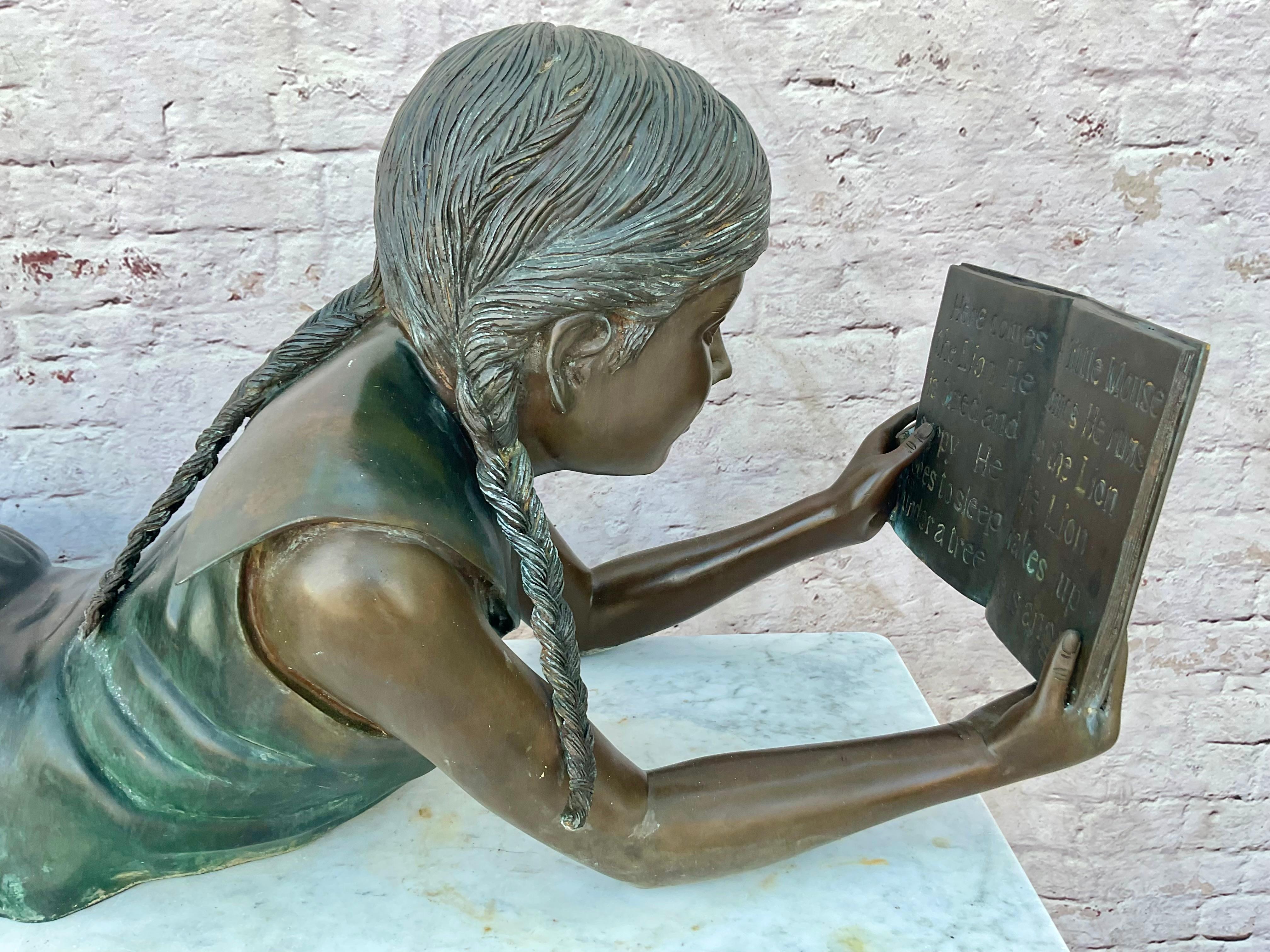 Vintage Leonardo Rossi Life-sized Bronze, Girl In Prone Position, Reading 4