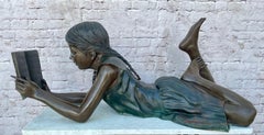Vintage Leonardo Rossi Life-sized Bronze, Girl In Prone Position, Reading