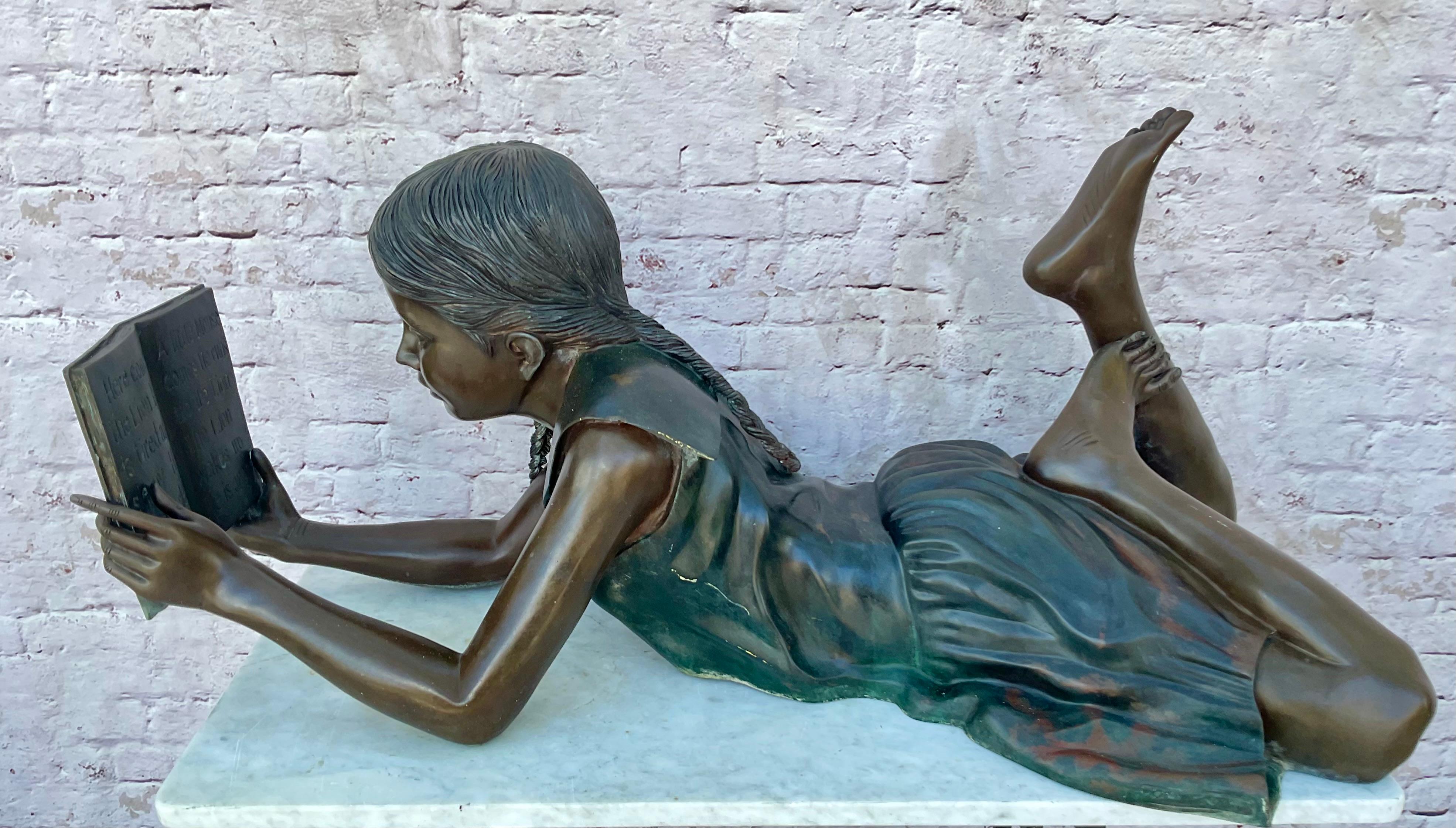 Modern Vintage Leonardo Rossi Life-sized Bronze, Girl In Prone Position, Reading