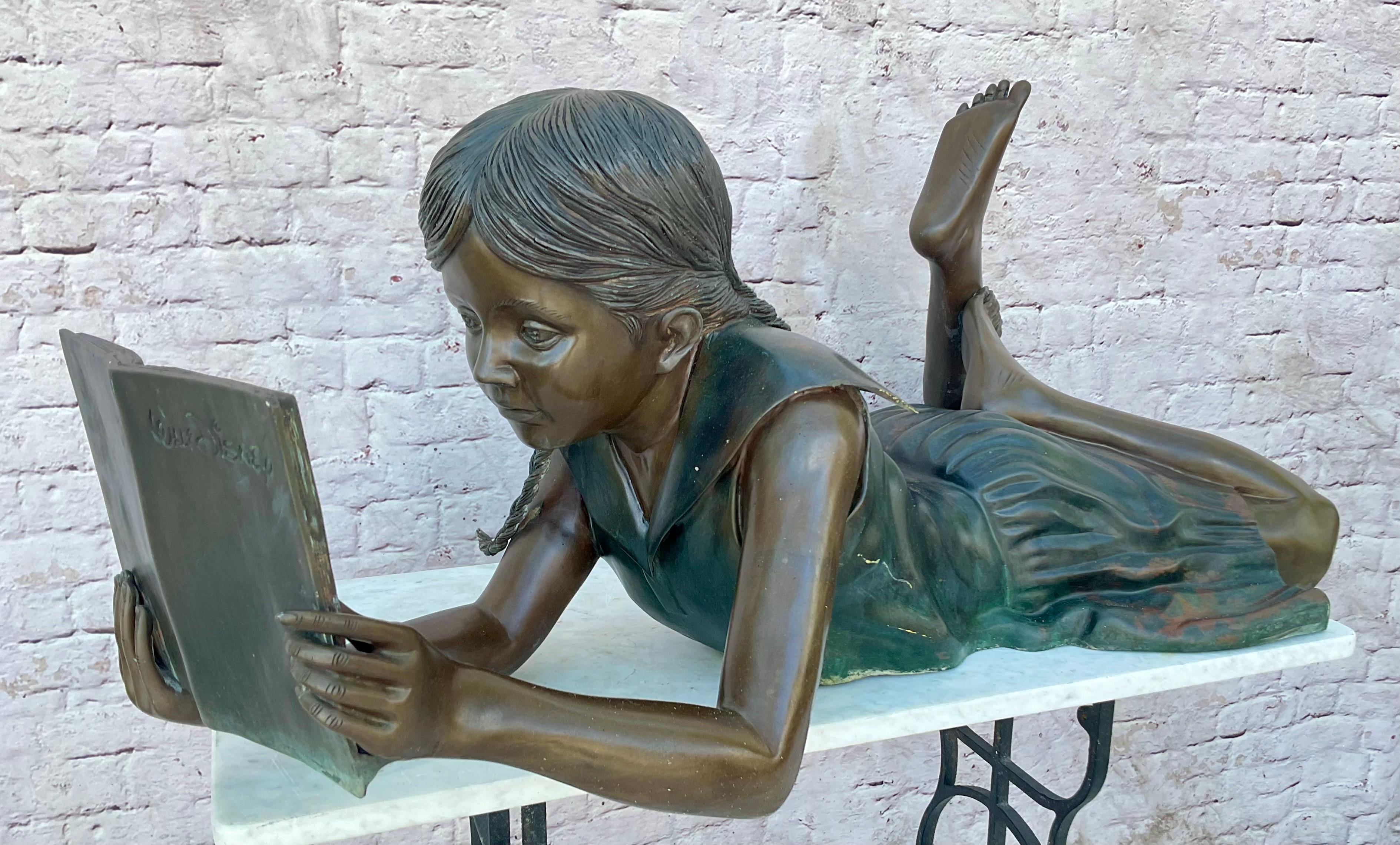 Italian Vintage Leonardo Rossi Life-sized Bronze, Girl In Prone Position, Reading