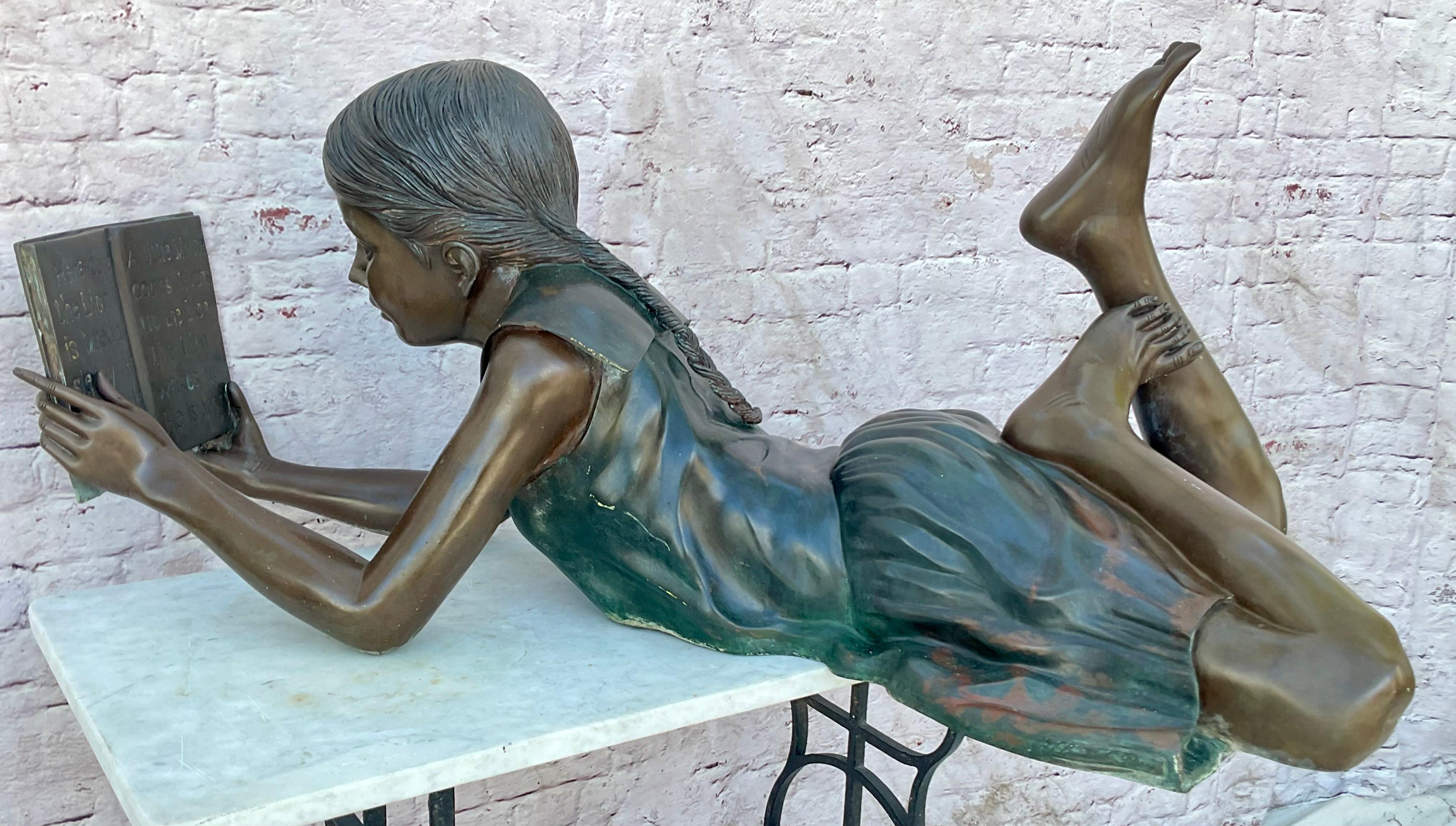 Vintage Leonardo Rossi Life-sized Bronze, Girl In Prone Position, Reading 1