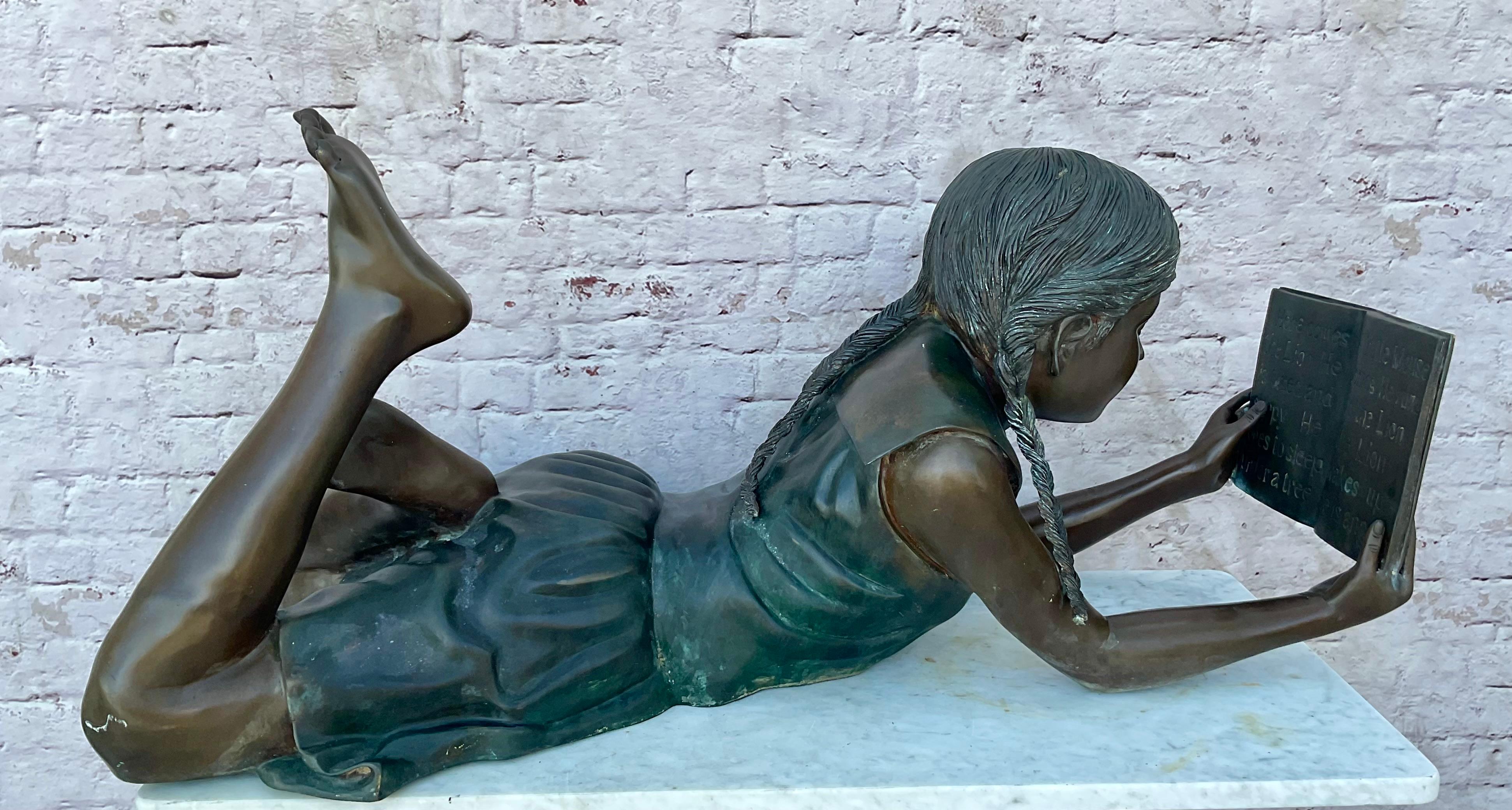 Vintage Leonardo Rossi Life-sized Bronze, Girl In Prone Position, Reading 3