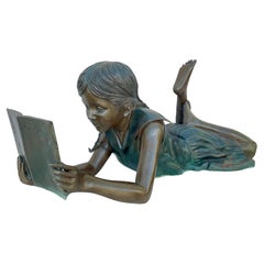 Vintage Leonardo Rossi Life-sized Bronze, Girl In Prone Position, Reading