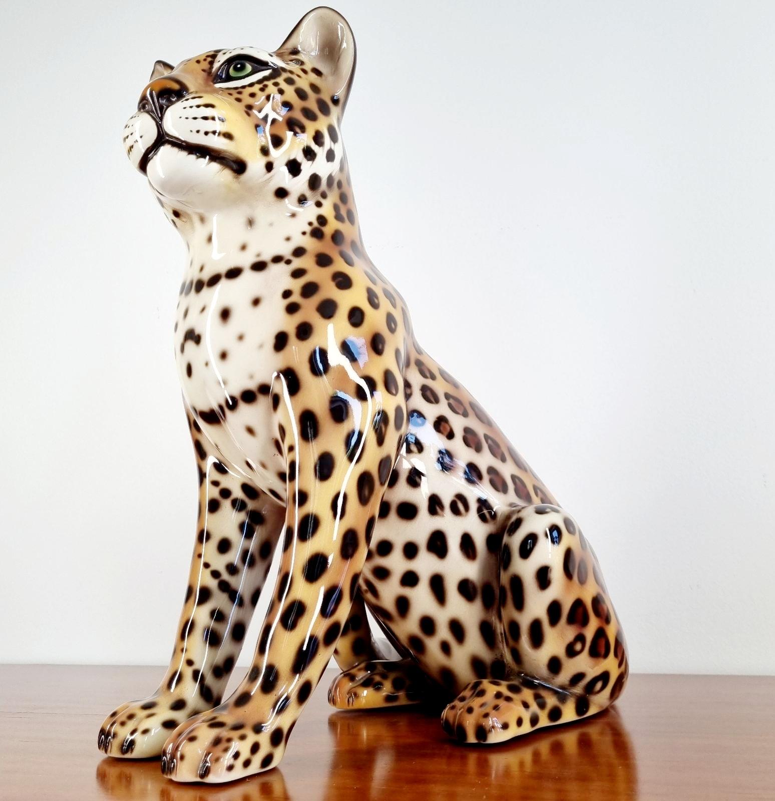Mid-Century Modern Vintage Leopard Ceramic Statue, Italy 70s