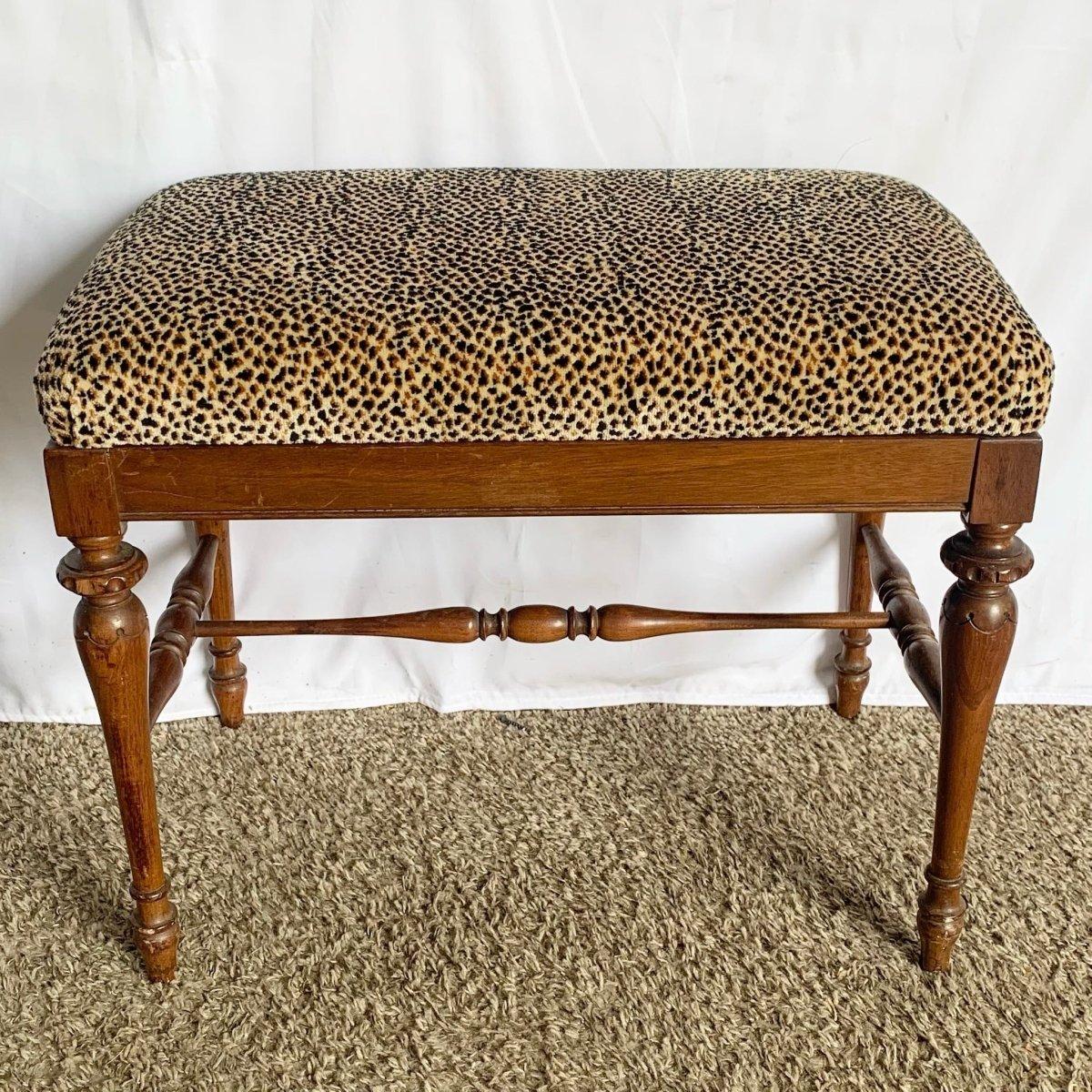 American Vintage Leopard Fabric Wooden Low Bench For Sale