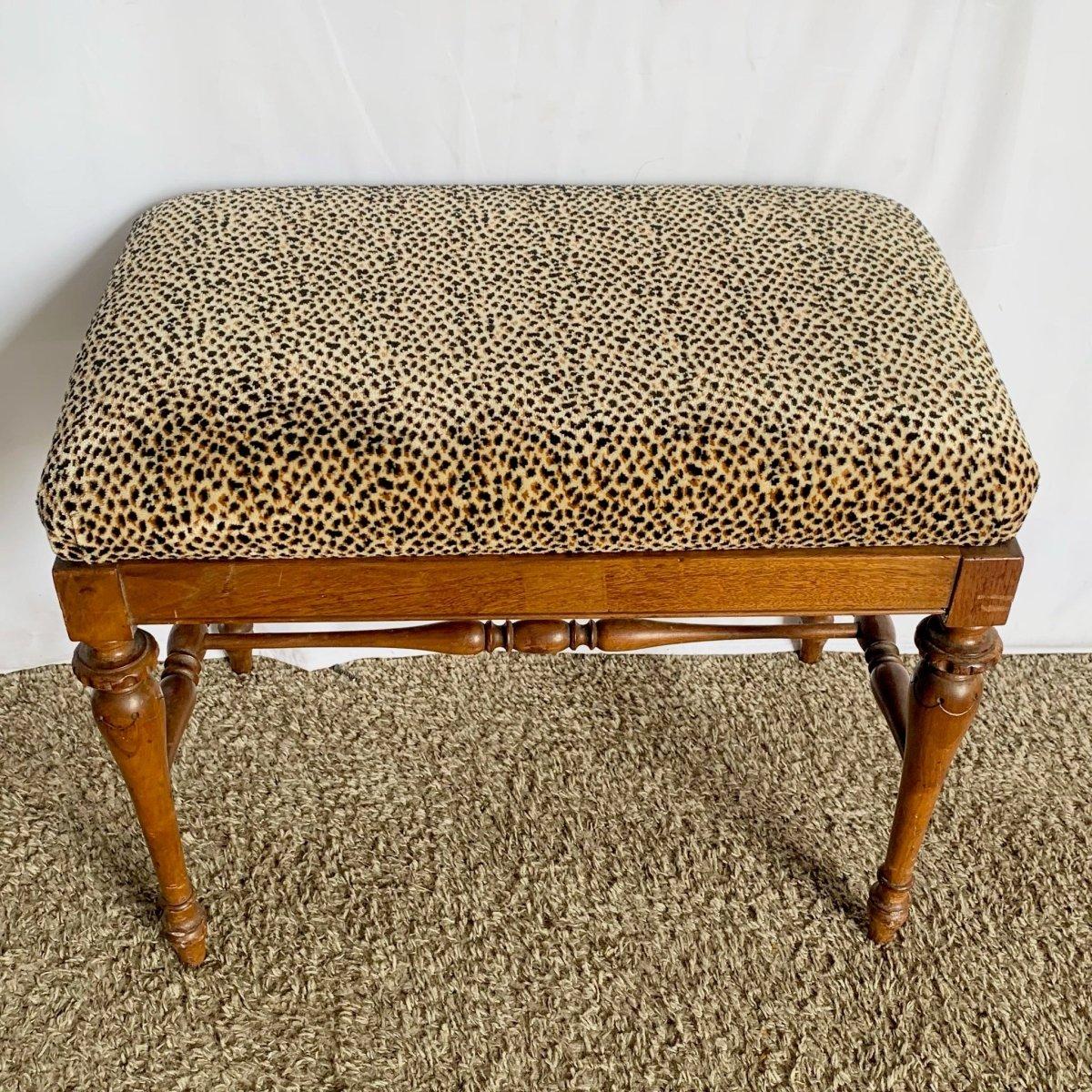 Vintage Leopard Fabric Wooden Low Bench In Good Condition For Sale In Delray Beach, FL