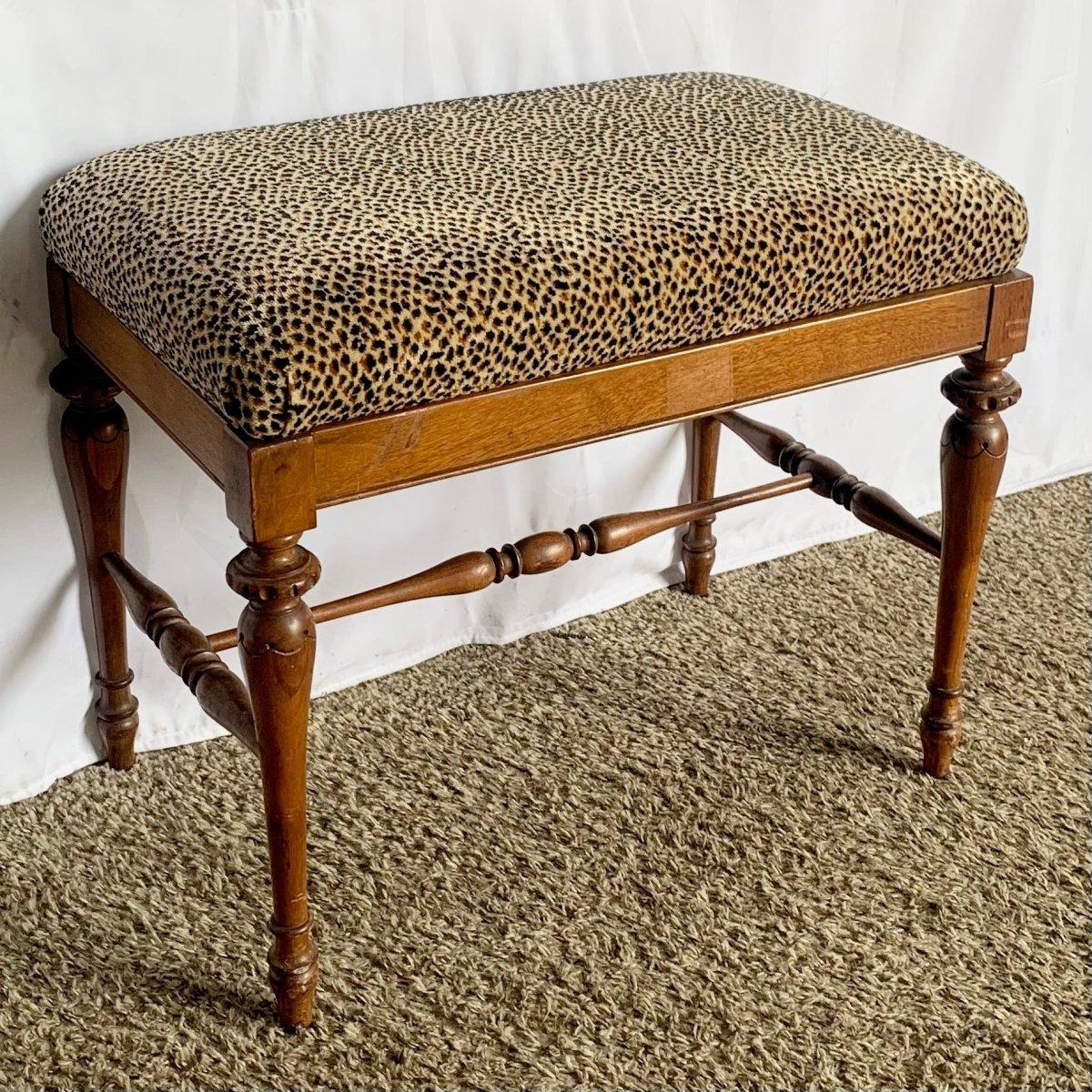 20th Century Vintage Leopard Fabric Wooden Low Bench For Sale
