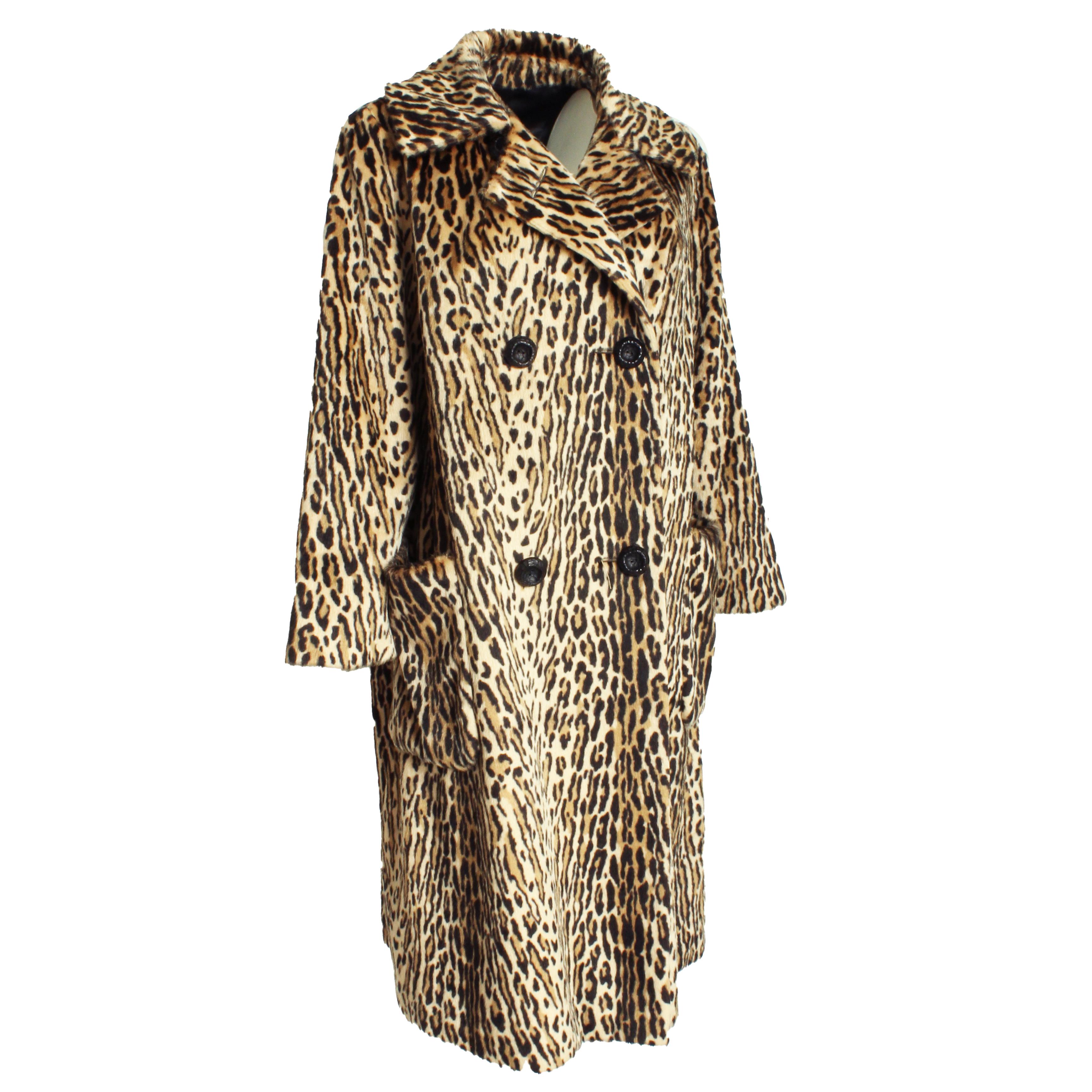 Brown Vintage Leopard Fur Coat Faux Pony Fur Double Breasted Retro Fall Winter 1970s
