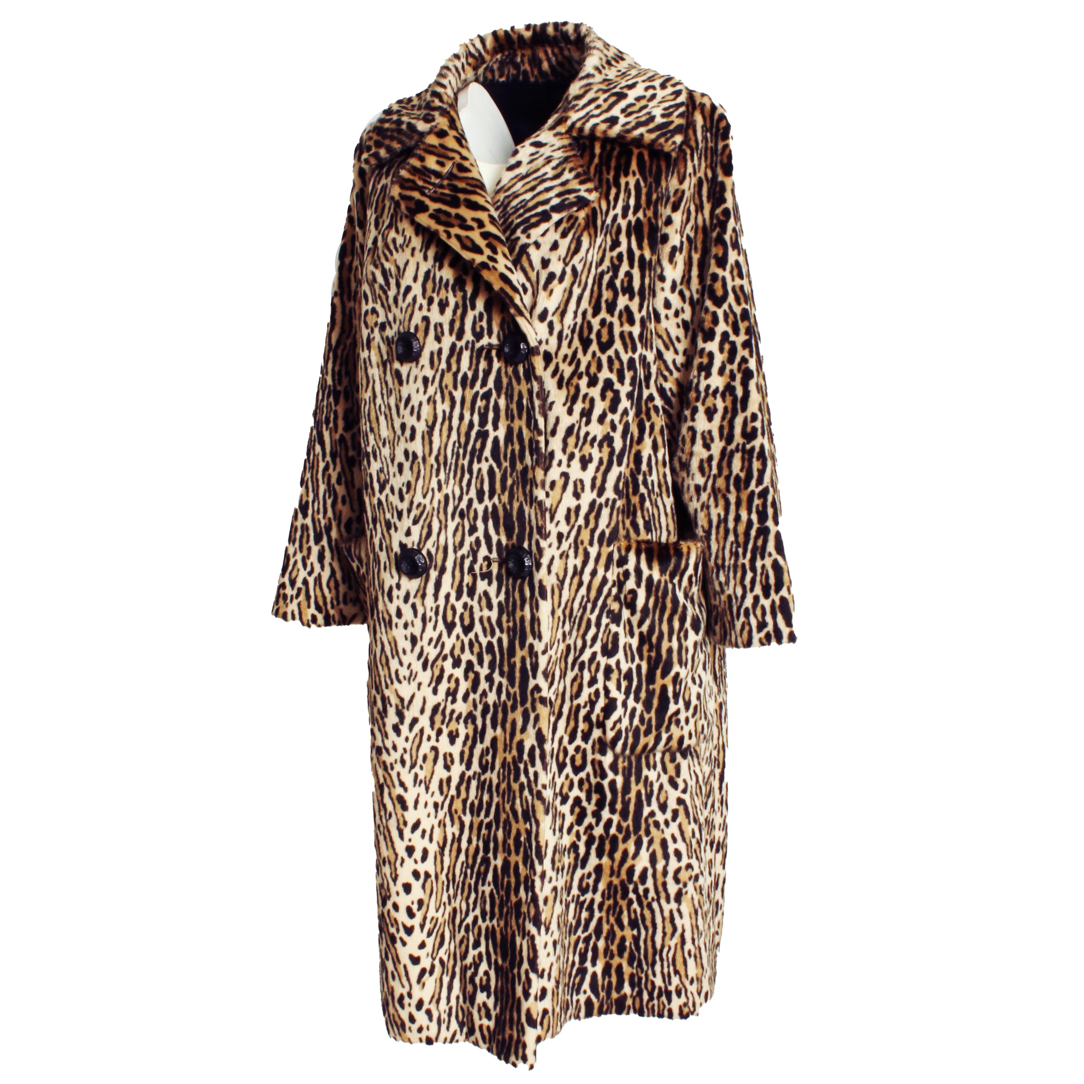 Vintage Leopard Fur Coat Faux Pony Fur Double Breasted Retro Fall Winter 1970s In Good Condition In Port Saint Lucie, FL