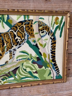 Vintage Leopard Jungle Needlepoint Textile Art in Faux Bamboo Frame
