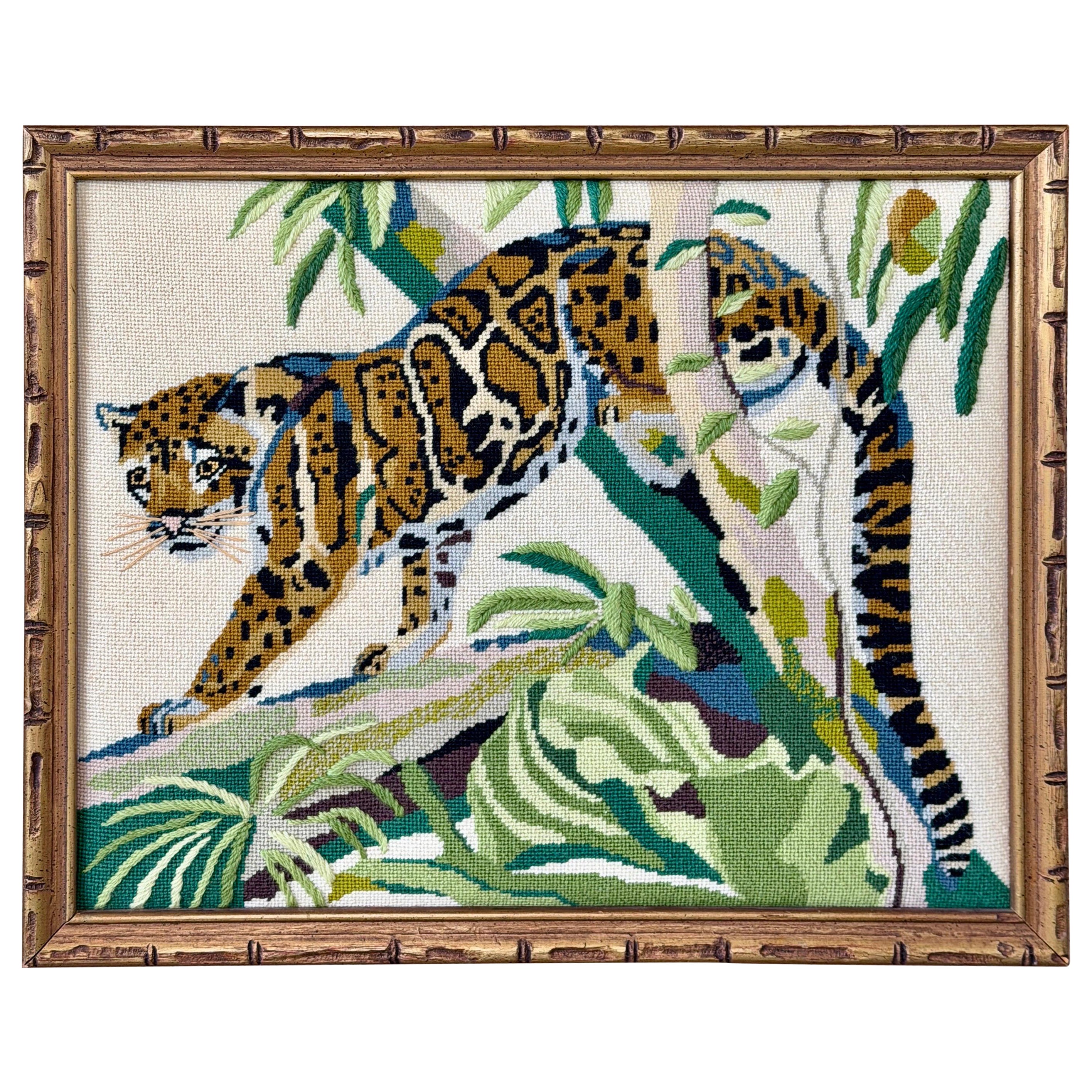 Vintage Leopard Jungle Needlepoint Textile Art in Faux Bamboo Frame
