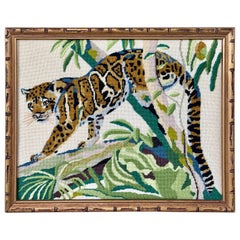 Vintage Leopard Jungle Needlepoint Textile Art in Faux Bamboo Frame