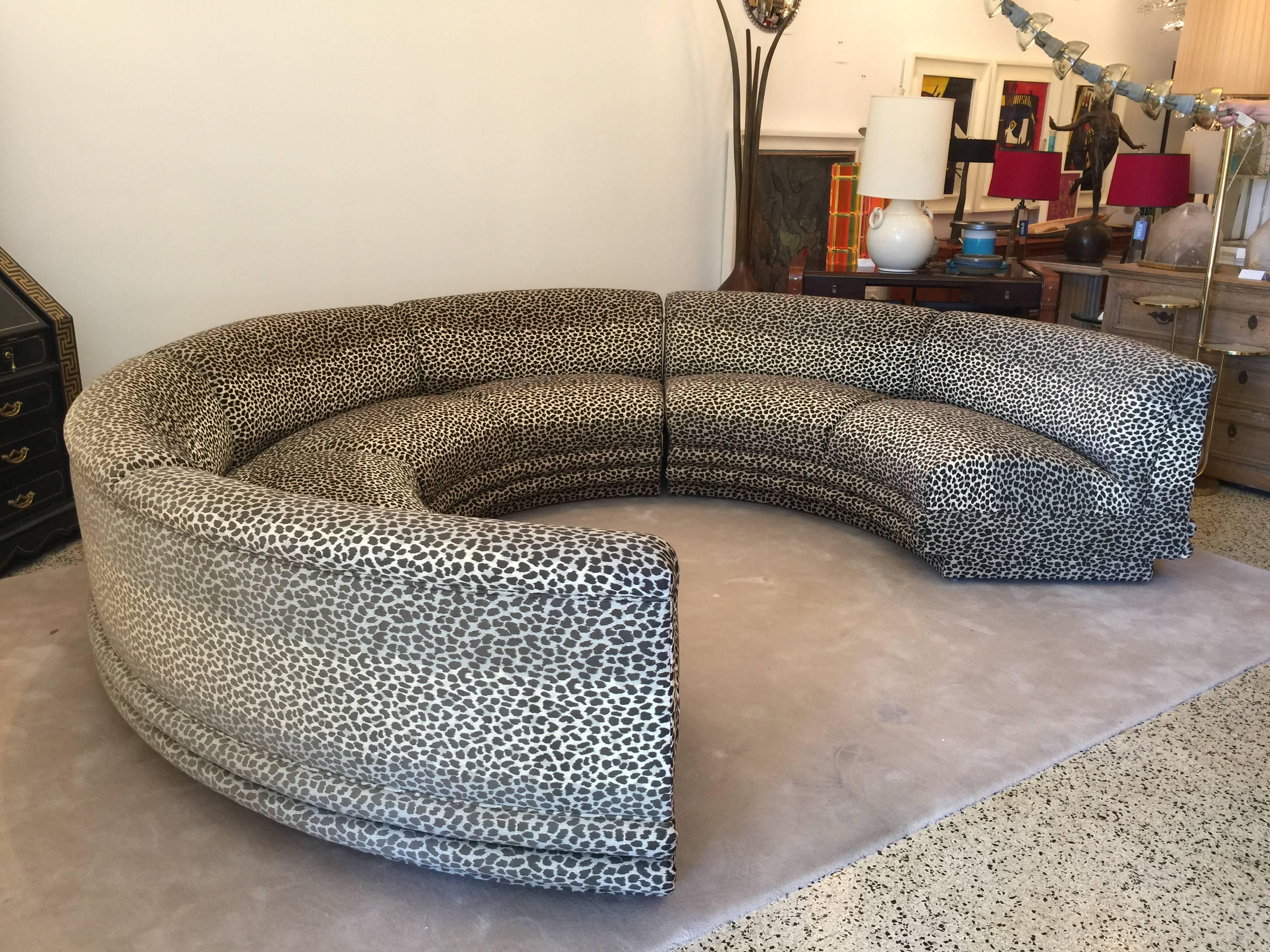 This circular sectional in three pieces is not too big or too small, so easy to place in an open space. It is super comfortable and in great vintage condition. This three section Bernhardt sofa (labelled - often attributed to Milo Baughman) in
