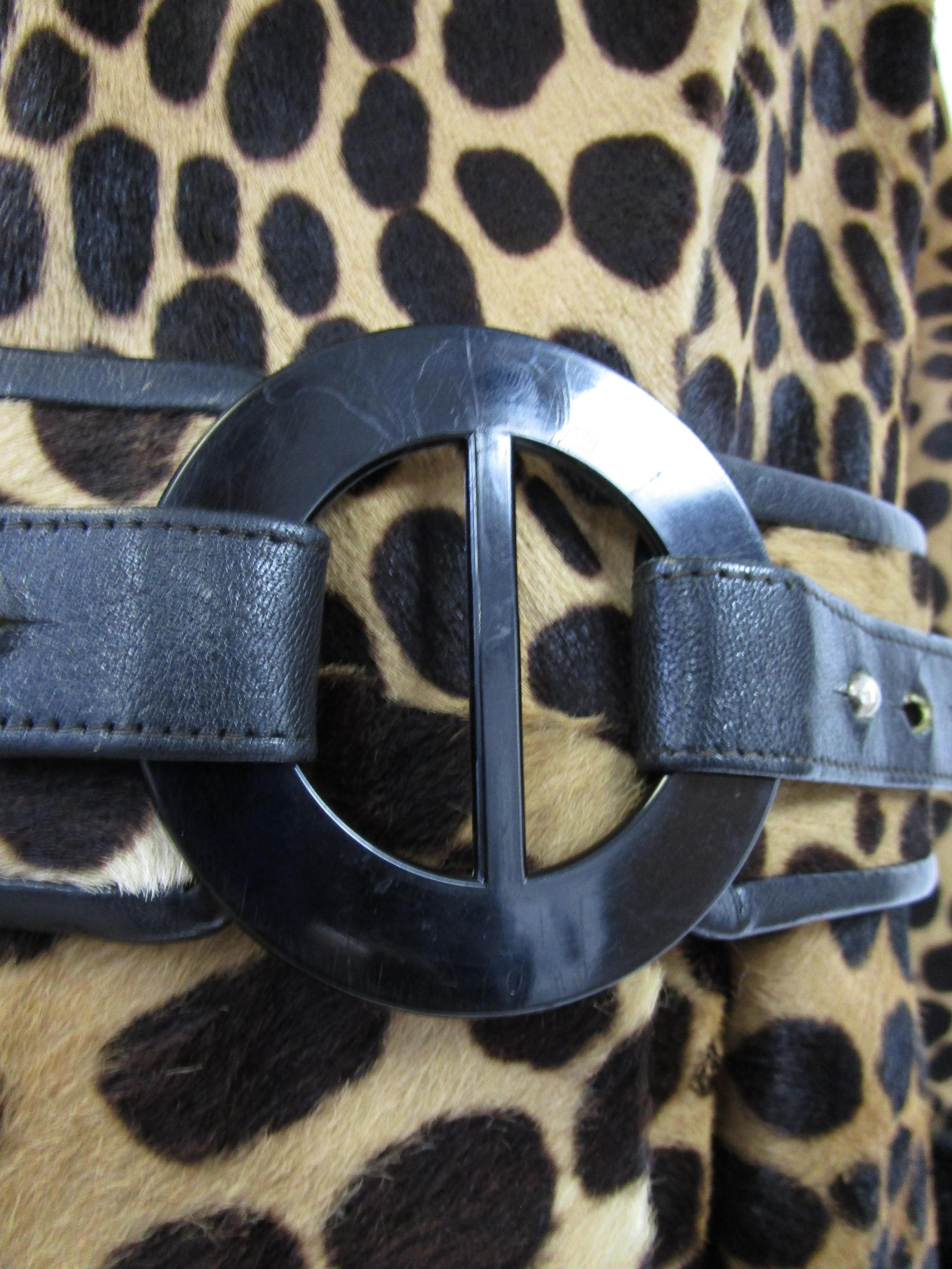 Vintage Leopard Print Calf-skin and Mink Trim Coat with Belt For Sale 6