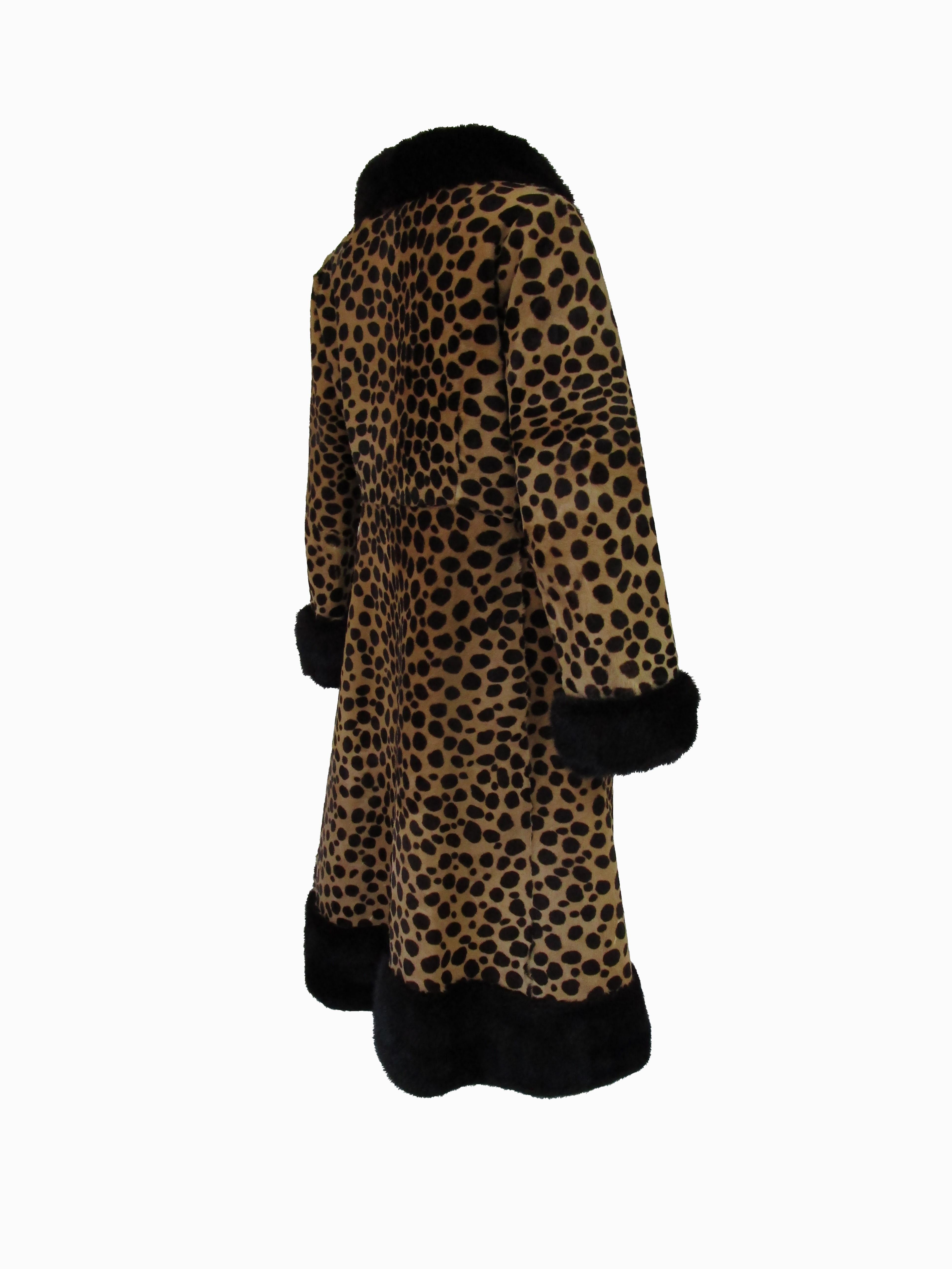 Black Vintage Leopard Print Calf-skin and Mink Trim Coat with Belt For Sale