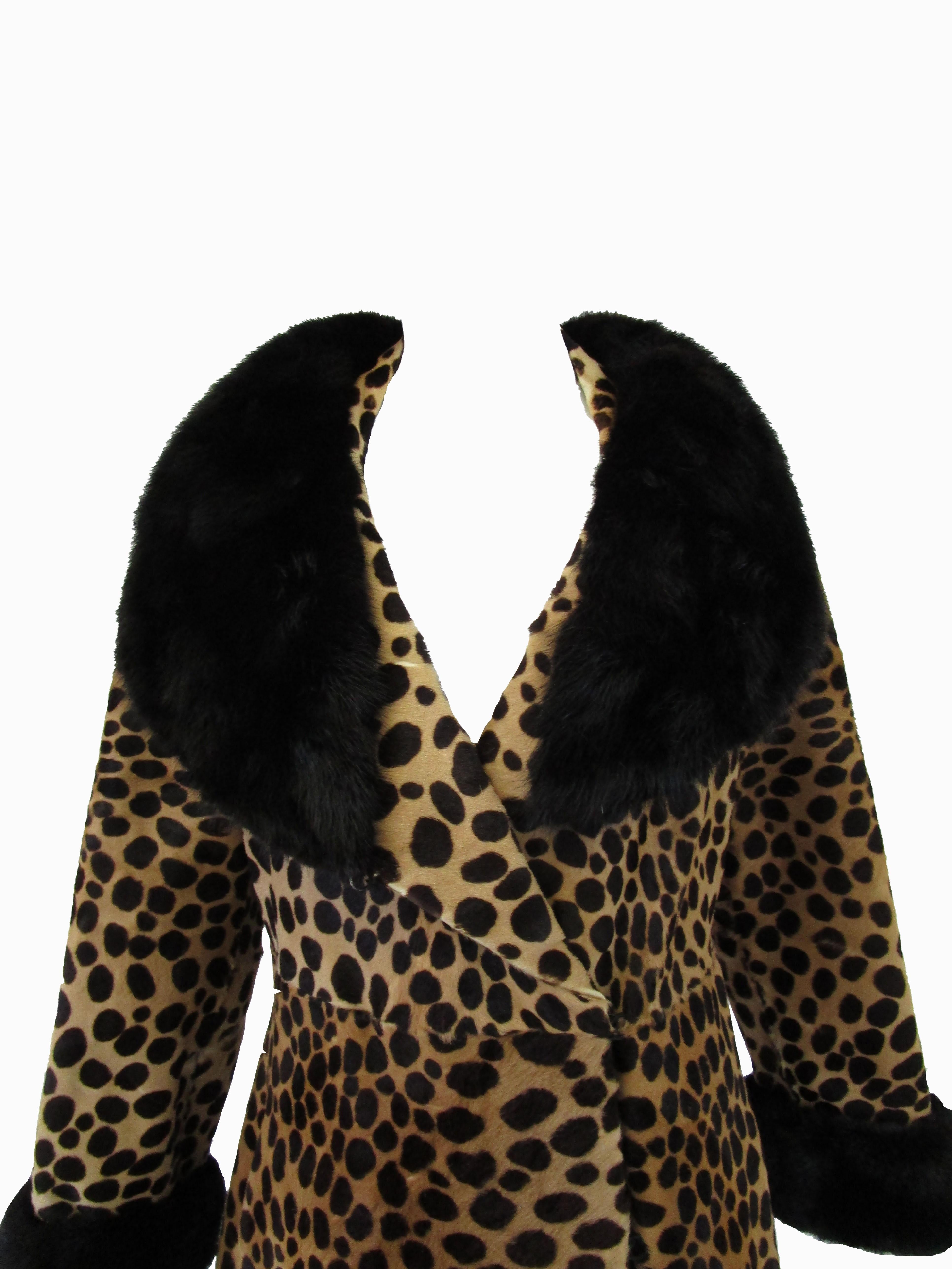 Women's Vintage Leopard Print Calf-skin and Mink Trim Coat with Belt For Sale