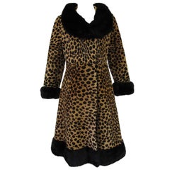 Retro Leopard Print Calf-skin and Mink Trim Coat with Belt