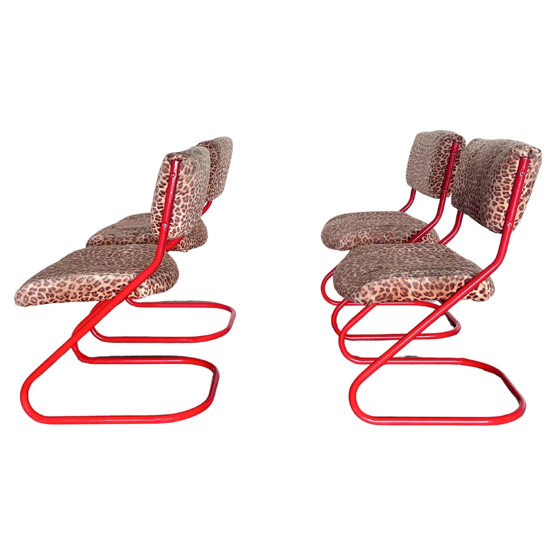 Vintage Leopard Print Dining Chairs Red - Set of 4