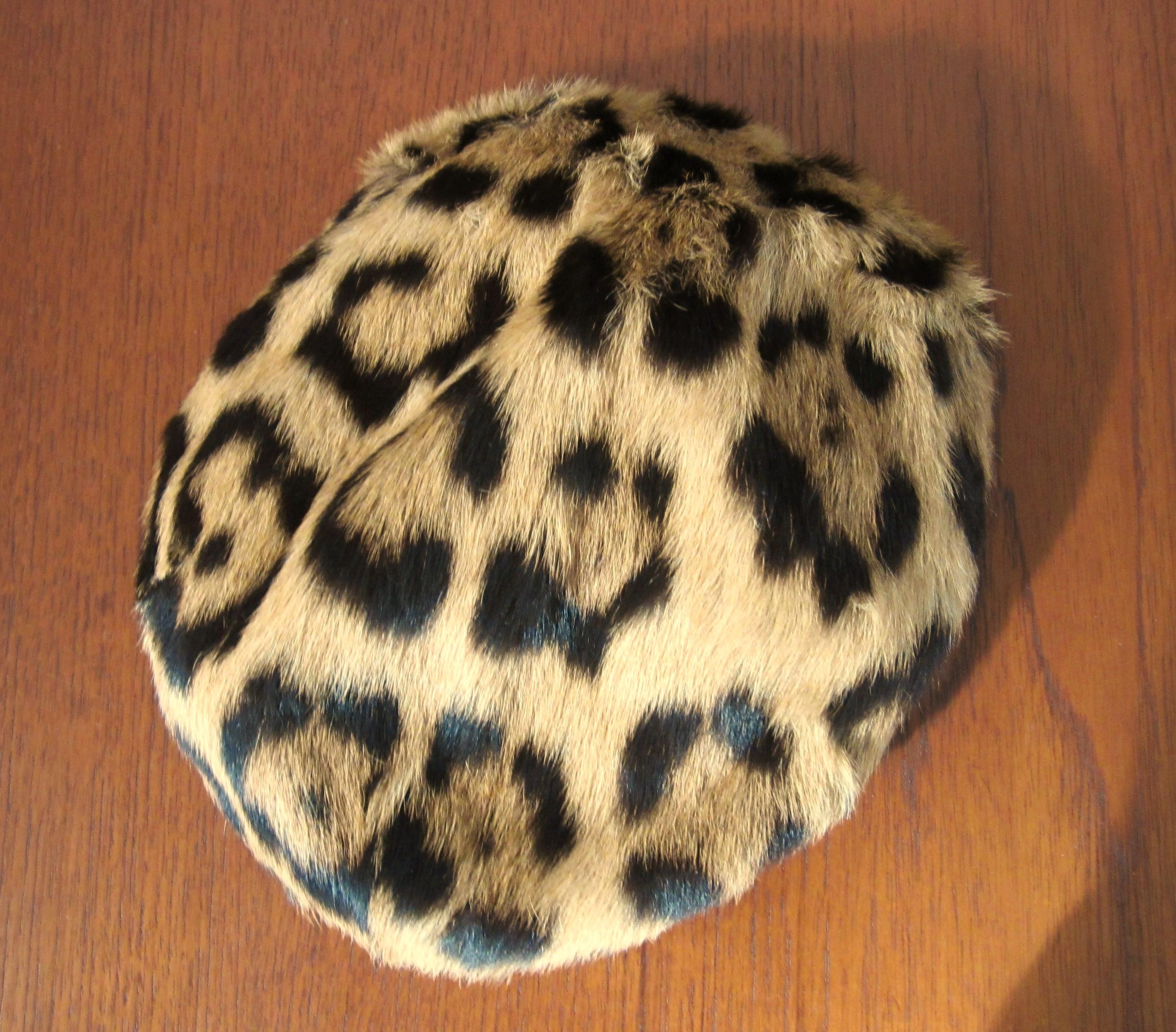 Brown Vintage Leopard Print Leather Beret Hat 1940s 1950s 